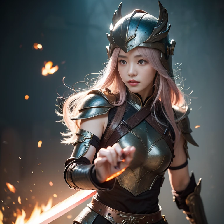 Ancient Chinese wars，Female general，Chinese woman，Fairy in armor looks mature and sexy，Headband helmet bleached pink hair，Charming eyes and good figure，Ancient scenes，heroic look，Sword in hand，Sexy and attractive figure is very detailed, the ultra-detailed, iintricate), (lens flare glow:0.7), (full bloom:0.7), particle effect, Ray traching, 电影灯光, shallowdepthoffield, Shot with Sony a9 II, 50mm wide angle lens, Focus sharp,