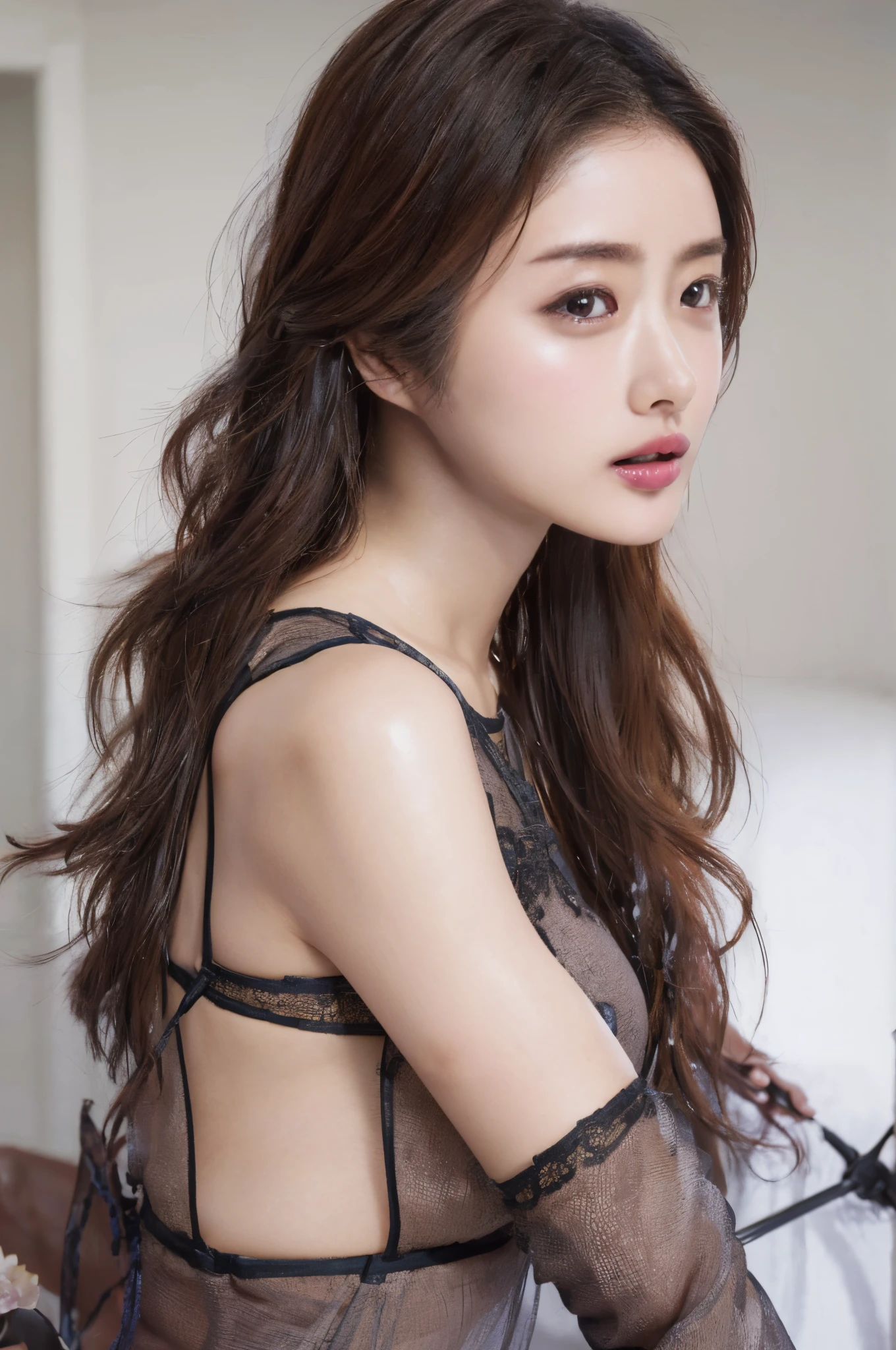 a woman standing indoors，A man grabs a breast from behind，There is a flower on the head, 张曼玉, xue han, yun ling, xintong chen, lulu chen, wu liu, wenfei ye, Lynch Peak, fan bingbing, Inspired by Pan Yuliang,Popular topics on cgstation, W Loppuuu glowing skin, Open V-shaped corset，Lop，Bust size and work，Huge cleavage，W Loppuuu glowing skin, Japan goddess, The skin is wet and shiny!!, Breasts covered and SFW, photorealistic perfect body, Realistic gravure idols, Hyper-realistic picture, an oppai cyberpunk, beautiful detailed body and face