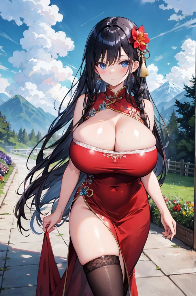 (((best quality))),((ultra-detailed))an anime girl with very large boobs walking down a driveway with a path beside her, 1girl, outdoors, breasts, solo, thighhighs, flower, dress, day, hair ornament, cleavage, pelvic curtain, shiny, china dress, chinese clothes, black hair, hair flower, cloud, sky, bangs, huge breasts, long hair, looking at viewer, mountain, shiny skin, red dress, earrings, skindentation, jewelry, no panties, blush, braid, blue eyes, thighs, bare shoulders, black thighhighs, shiny clothes, blue sky, closed mouth