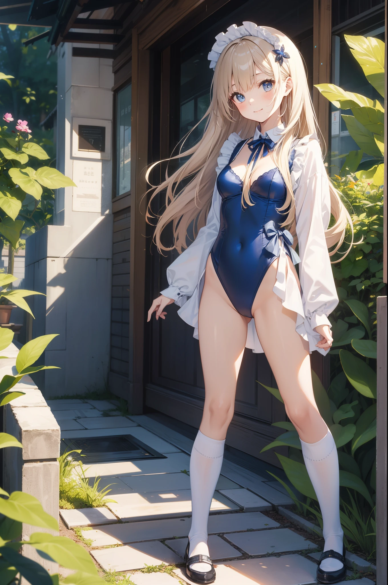Beautiful illustration、top-quality、cute it girl、(transform sequence)、white japanese maid uniform、((Blue leotard))、10y old、elementr beautiful girl、Fractal Art、baby-face、((stright long ))、beul detailed eyes、a smile、Full Body Display、Western-style garden、(1 persons)、long-sleeve、landscaped gardens、(knee high socks)、is standing、(highleg)、
