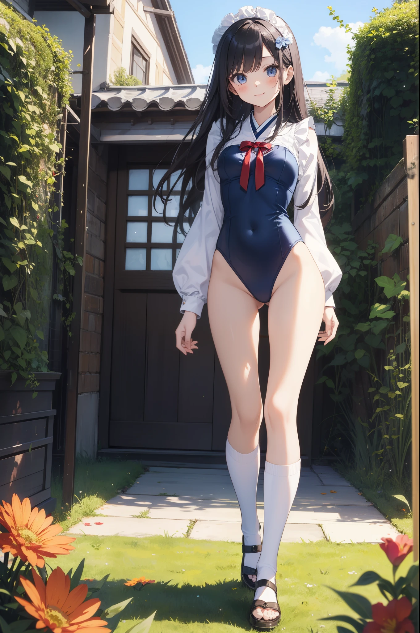 Beautiful illustration、top-quality、cute petit girl、(transform sequence)、white japanese maid uniform、((Blue leotard))、10yaers old、elementary student、Slender beautiful girl、Fractal Art、baby-face、((stright long hair))、beatiful detailed eyes、a smile、Full Body Display、Western-style garden、(1 persons)、long-sleeve、landscaped gardens、(knee high socks)、is standing、(highleg)、