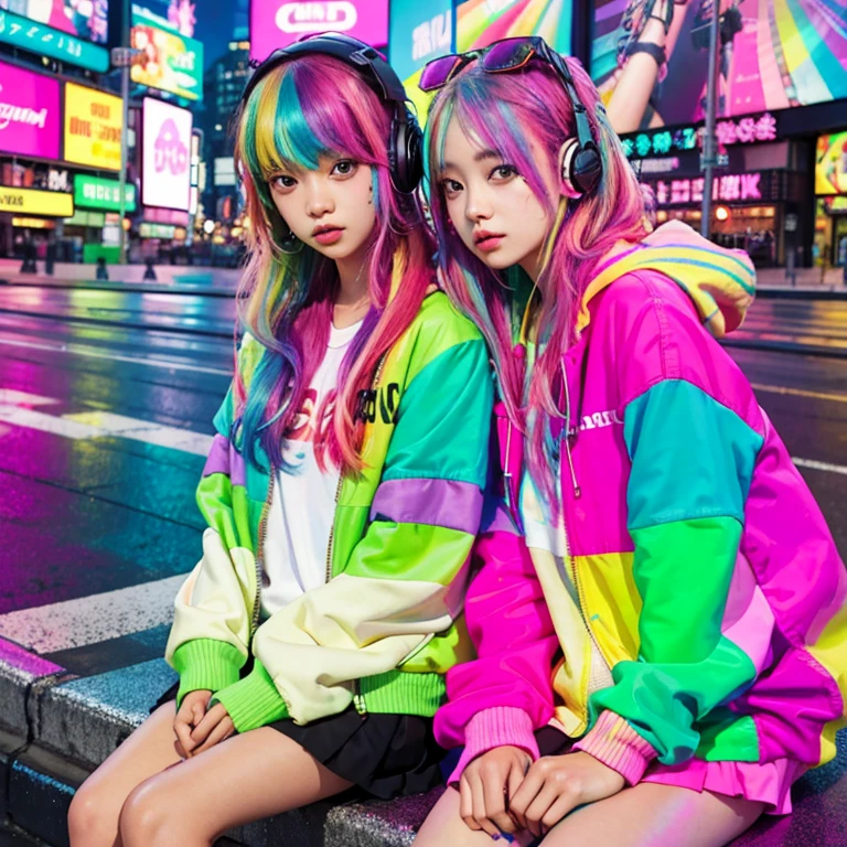 2girls、rainbow hair、parka、espadrilles、straight haired、headphones、long、(Sitting in the middle of the road)、natta、neons、Times Square、cyberpunked、Harajuku、Chupa Chups、hi-school girl、a miniskirt、colourfull