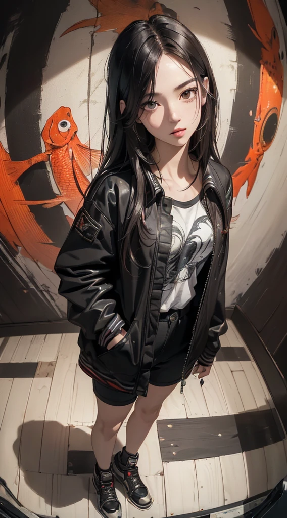 (((8k wallpaper of extremely detailed CG unit:1.2, masterpiece, hight resolution:1.2, top-quality:1.2, masutepiece))), ((a very beautiful woman, Hands in pockets:1.8, Grunge Fashion, Wearing a blouson, Wearing shoes)), ((extra detailed face, Highly detailed black eyes, extra detailed body, Top quality real texture skins)), (A dark-haired, length hair, de pele branca, Small:1.2), ((surrounded by colorful walls)), (high-angle:1.2, Fisheye:1.3), hyper realisitic, digitial painting,