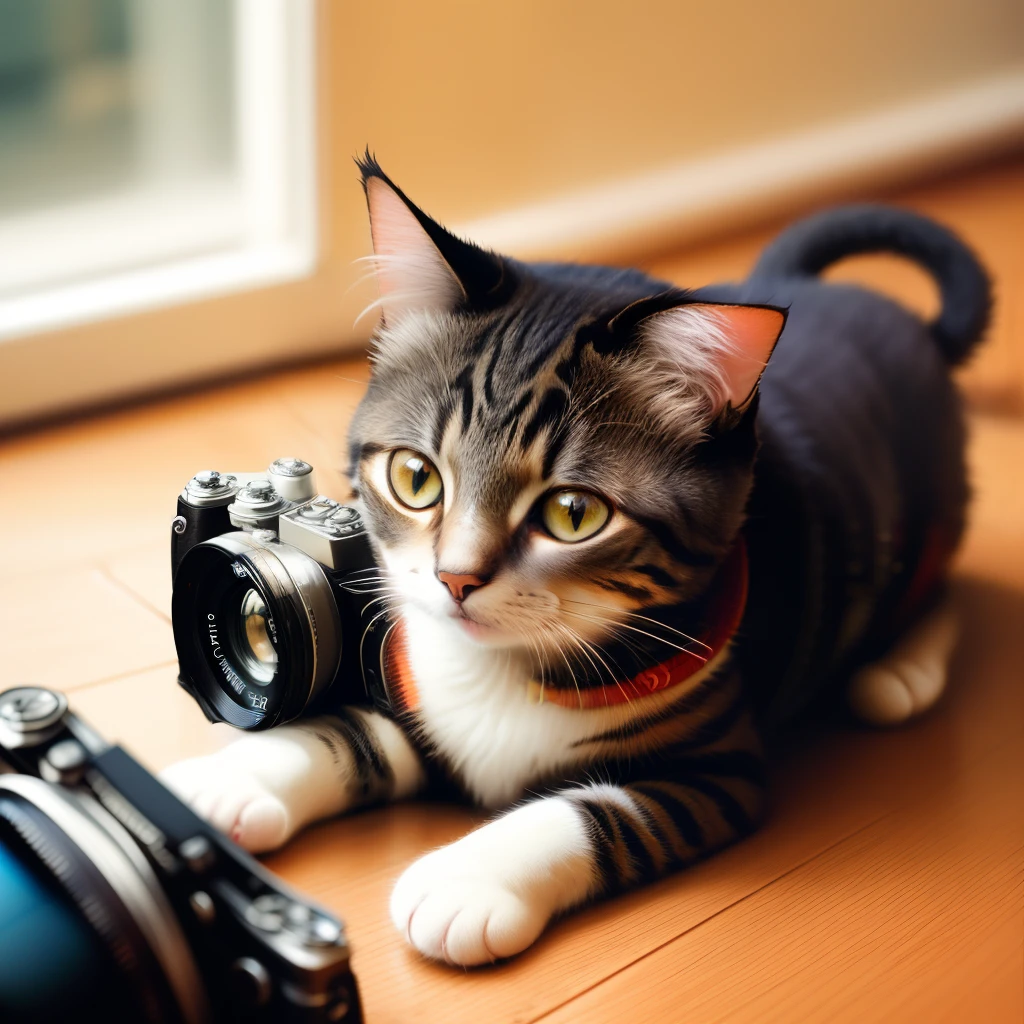 Cat holding a film camera