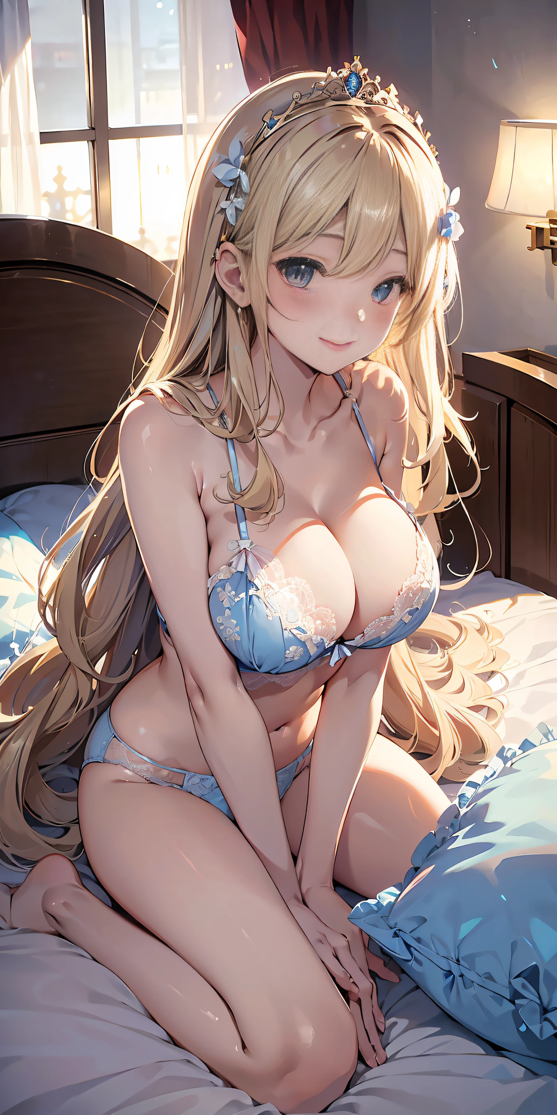Adult Woman, Long dark blonde wavy hair, Puffy nipple、beautiful tiara、耳Nipple Ring、Medium milk, cute smile face、Kamimei、cleavage of the breast、princess room bed、sexy  pose、sexy light blue lace panties、Light blue lace bra、((lyin in bed、Head on pillow))