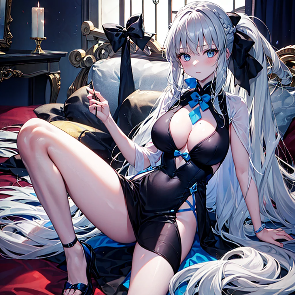(Enrich the picture,Masterpiece level quality)Beautiful 8K CG artwork,morgan le fay (fate), blue eyes, Long Hair, pony tail,Very long hair, big boob, black bow, looking at viewer, gown, Hair Bow, thights, thights, black dress, Bangs, side locks, French braid, grey hair,Goddess-like posture,Kneeling exercise,Slim and soft,Translucent skin,big breasts,(((solo))),lying on your back,leg extension,m legs,Look at the viewer,expression to the top,on bed,