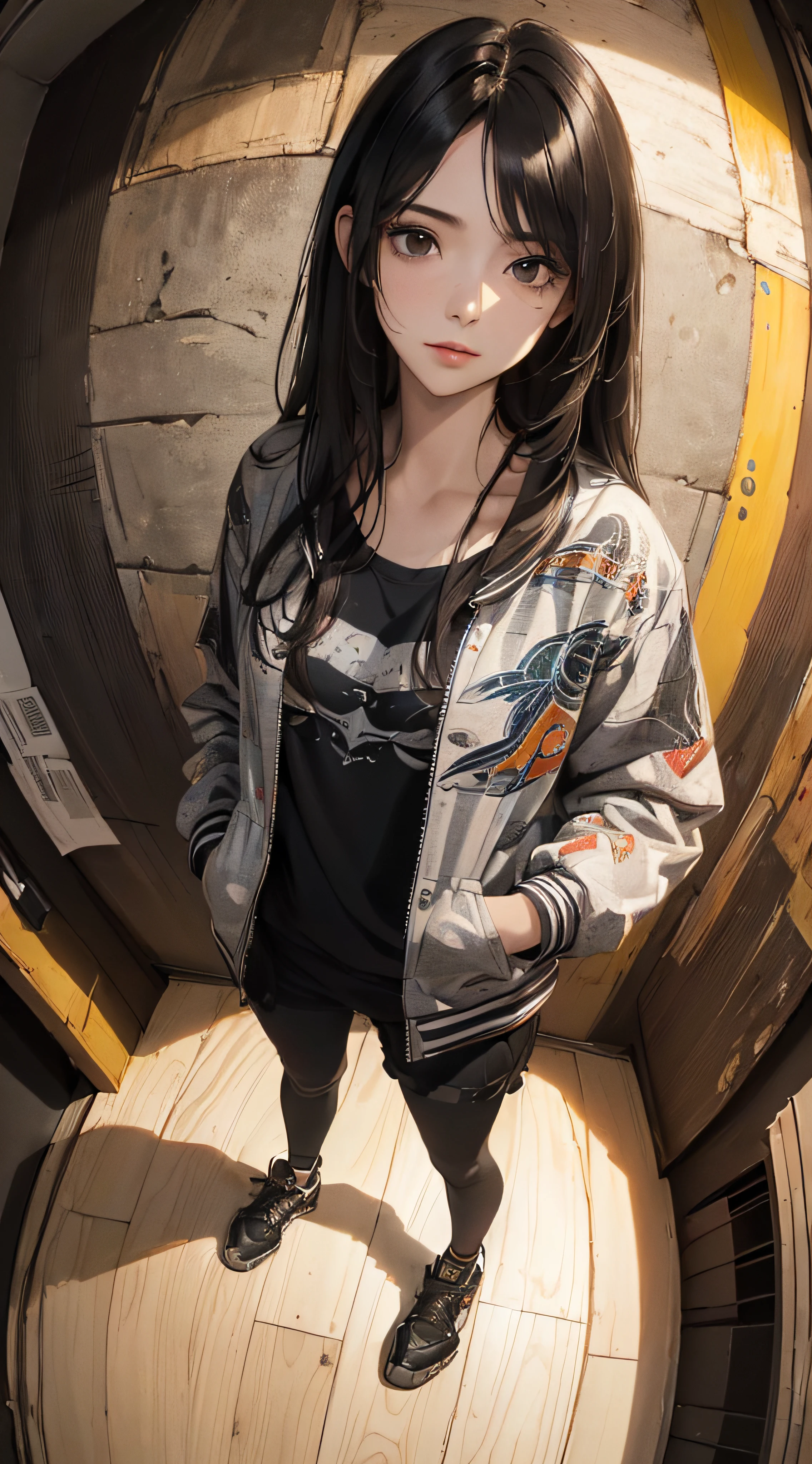 (((8k wallpaper of extremely detailed CG unit:1.2, masterpiece, hight resolution:1.2, top-quality:1.2, masutepiece))), ((a very beautiful woman, Hands in pockets:1.8, Grunge Fashion, Wearing a blouson, Wearing shoes)), ((extra detailed face, Highly detailed black eyes, extra detailed body, Top quality real texture skins)), (A dark-haired, length hair, de pele branca, Small:1.2), ((surrounded by colorful walls)), (high-angle:1.2, Fisheye:1.3), hyper realisitic, digitial painting,
