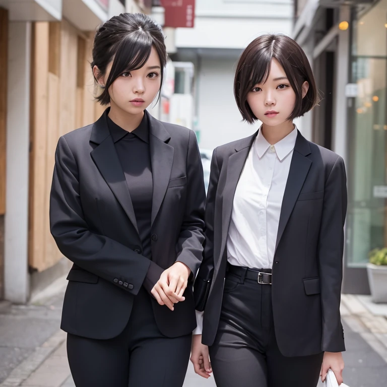 1girl in, 22year old, gradient, up looking_で_viewer, Black_hair, Solo by JM, Yoshiko Akishino, Shorthair, suits