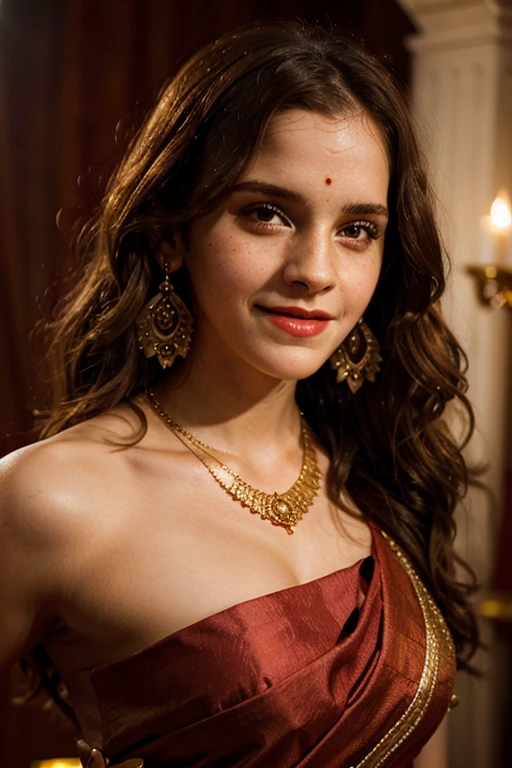 Emma Watson smiling, curly hair, detailed, red lips, long hair, portrait, dressed as an Indian bride , big earrings, necklace, gold jewelry, volumetric