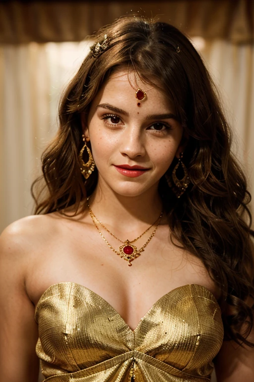 Emma Watson smiling, curly hair, detailed, red lips, long hair, portrait, dressed as an Indian bride , big earrings, necklace, gold jewelry, volumetric