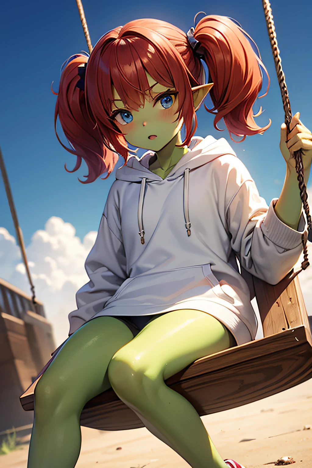 female goblin, green skin, red hair, blue eyes, twin tails, white hoodie, park, on the swing