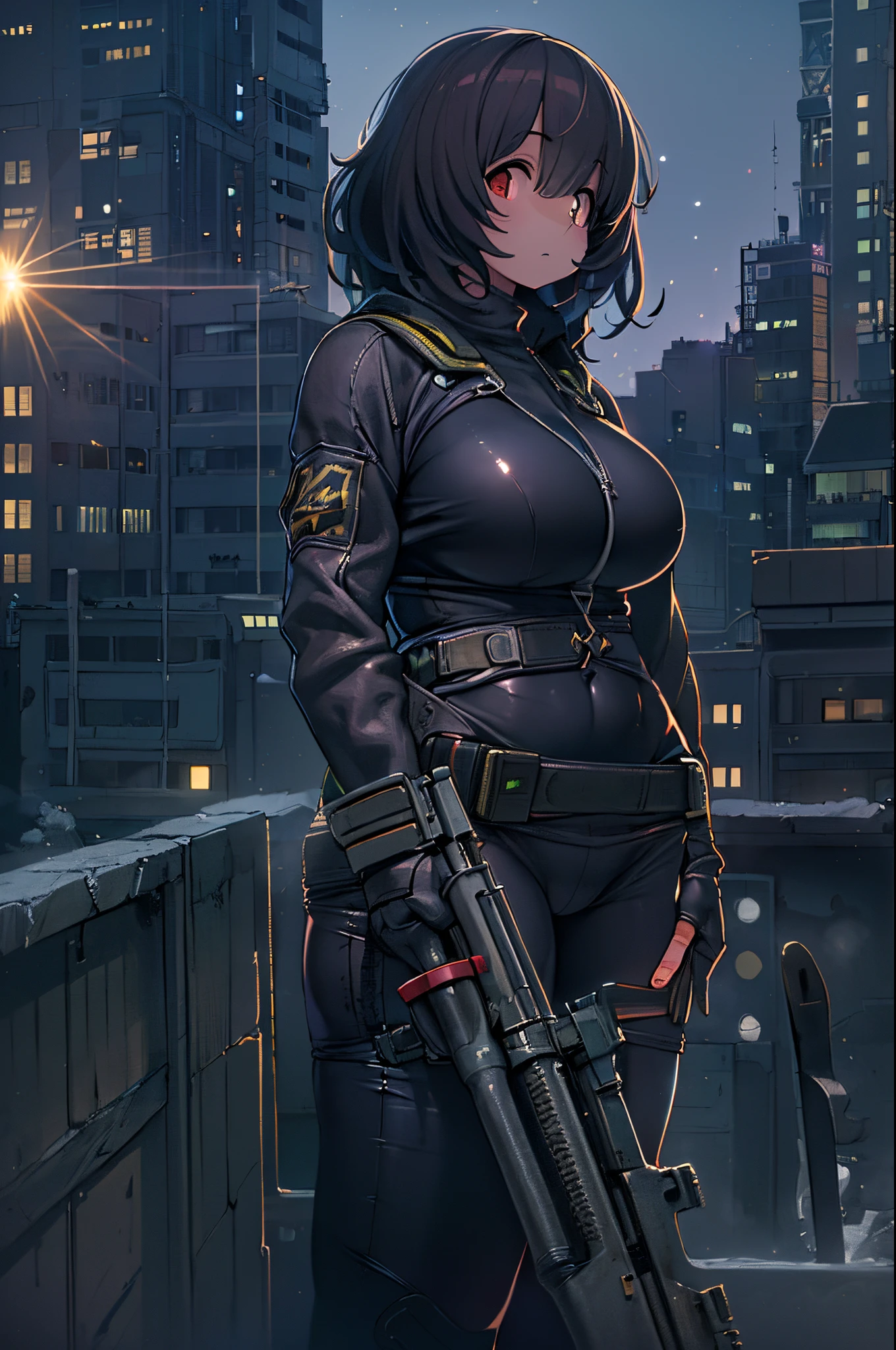 (Mastrepeace:1.2,Best Quality,ultra-detailliert,Powerful backlight:1.3,silhuette:1.45),, , //Character, 1 Solo Female Mercenary,Ghost in the Shell Motoko Kusanagi,One eye glowing red:1.2,Facial expression Murderous eyes,overlooking a city.Black Leather Tight Suit:1.2, Hand with a huge anti-tank rifle (Winchester Williams .50),Standing Pose,(Looking up angle:1.35), , //Backgraund, Building rooftop at night:1.2,,8K,unrealengine5.Unity.octanerender