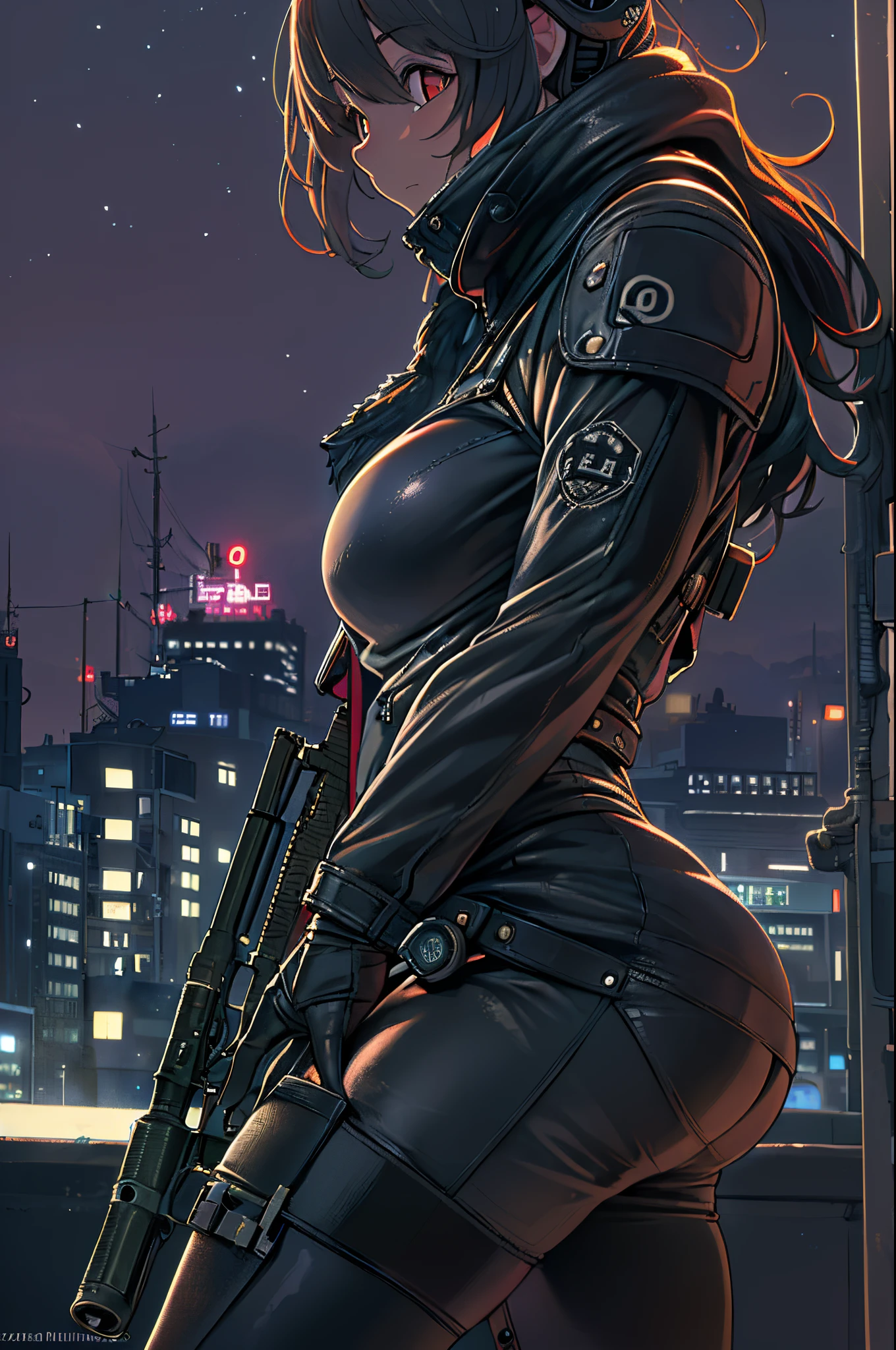 (Mastrepeace:1.2,Best Quality,ultra-detailliert,Powerful backlight:1.3,silhuette:1.45),, , //Character, 1 Solo Female Mercenary,Ghost in the Shell Motoko Kusanagi,One eye glowing red:1.2,Facial expression Murderous eyes,overlooking a city.Black Leather Tight Suit:1.2, Hand with a huge anti-tank rifle (Winchester Williams .50),Standing Pose,(Looking up angle:1.35), , //Backgraund, Building rooftop at night:1.2,,8K,unrealengine5.Unity.octanerender