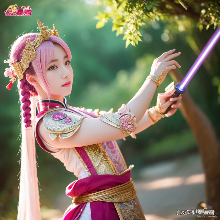 Ancient Chinese wars,Female general,Chinese woman,The fairy in armor looks mature and sexy,Headband helmet bleached pink hair,Charming eyes and good figure,Ancient scenes,heroic look,Sword in hand,Sexy and attractive figure is very detailed, the ultra-detailed, iintricate), (lens flare glow:0.7), (full bloom:0.7), particle effect, ray traycing, 电影灯光, shallowdepthoffield, Shot with Sony a9 II, 50mm wide angle lens, Focus sharp,CG animation