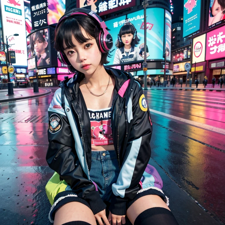 2girls、A dark-haired、short-hair、parka、espadrilles、headphones、(Sitting in the middle of the road)、Times Square、cyberpunked、Harajuku、Chupa Chups、hi-school girl、a miniskirt、colourfull、smil、Licking candy、