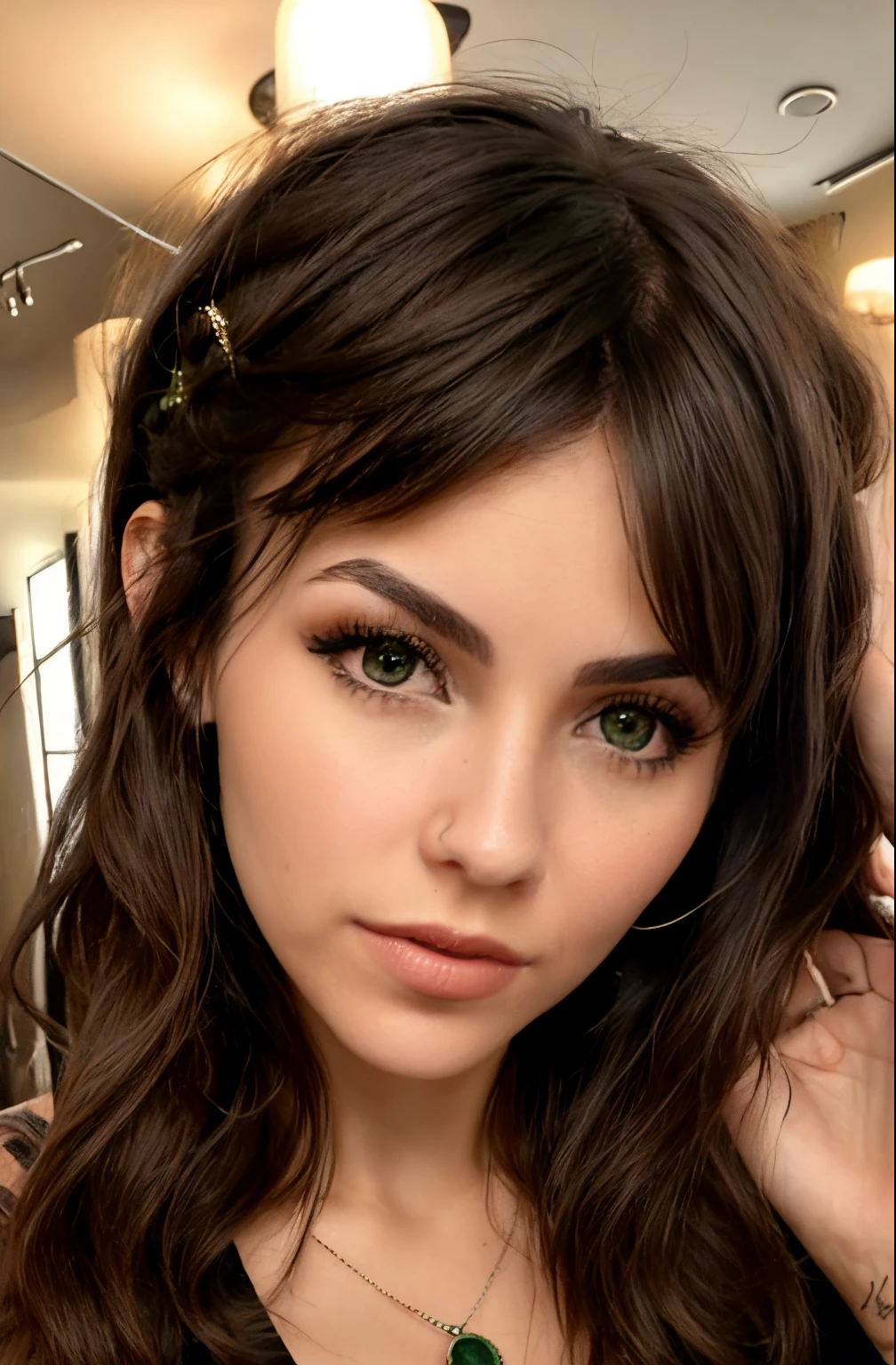 a close up of a woman with a black top and a ring, sexy girl with green eyes, short brown hair and large eyes, gorgeous attractive face, brown hair and bangs, with stunning green eyes, brown hair with bangs, stunning closeupheadshot, brown hair and large eyes, beautiful fine face features, attractive beautiful face, perfect face and eyes