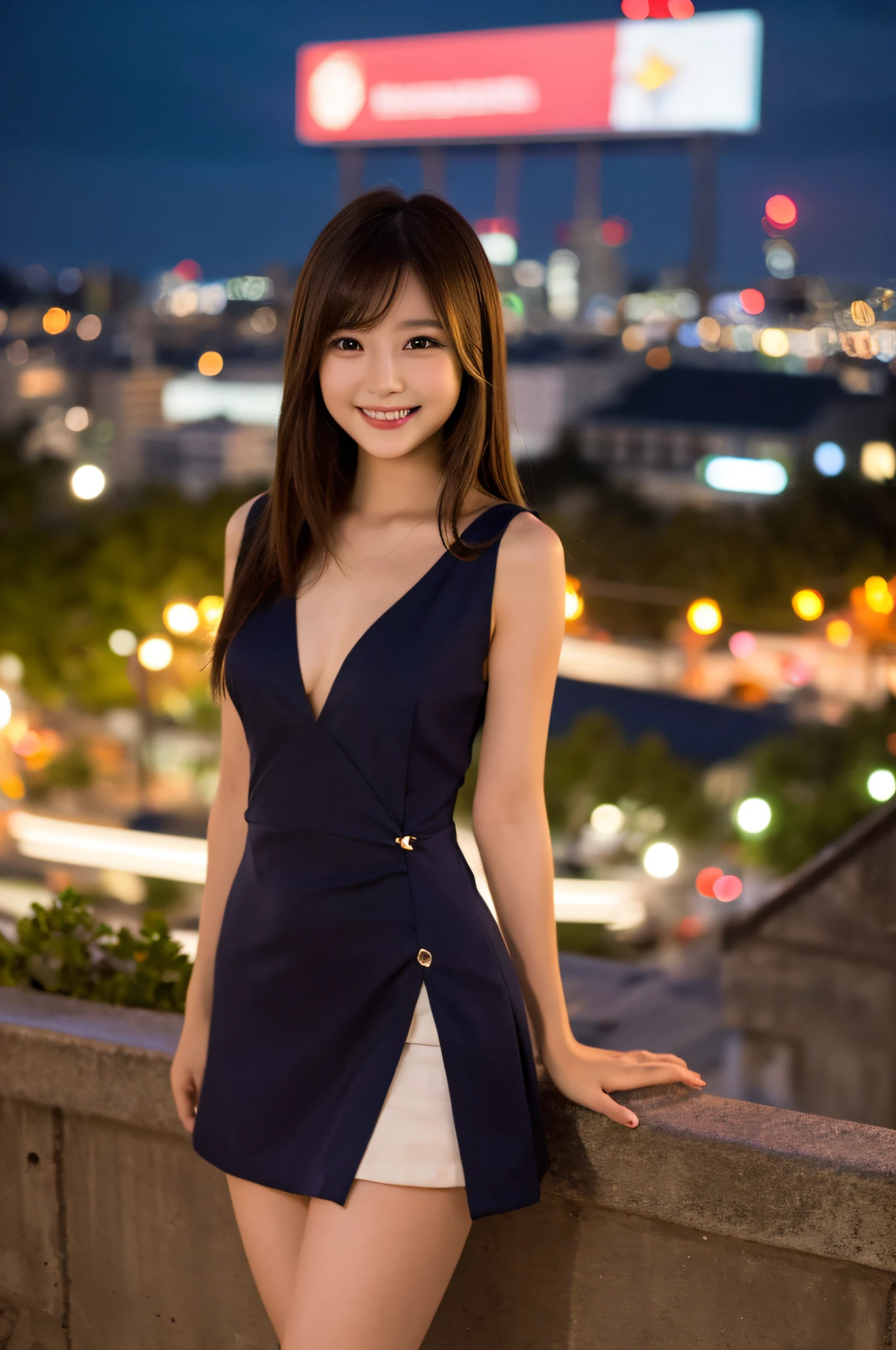 Super beautiful girl、ultra cute girl、a sexy girl、Cute as an angel、Night view in the background、night view from the hill、tiny chest、short-cut、Slender body、huge smile、is wearing dress、a miniskirt、nffsw, retinas, Anatomically correct, Best Quality, 4K、Full limbs