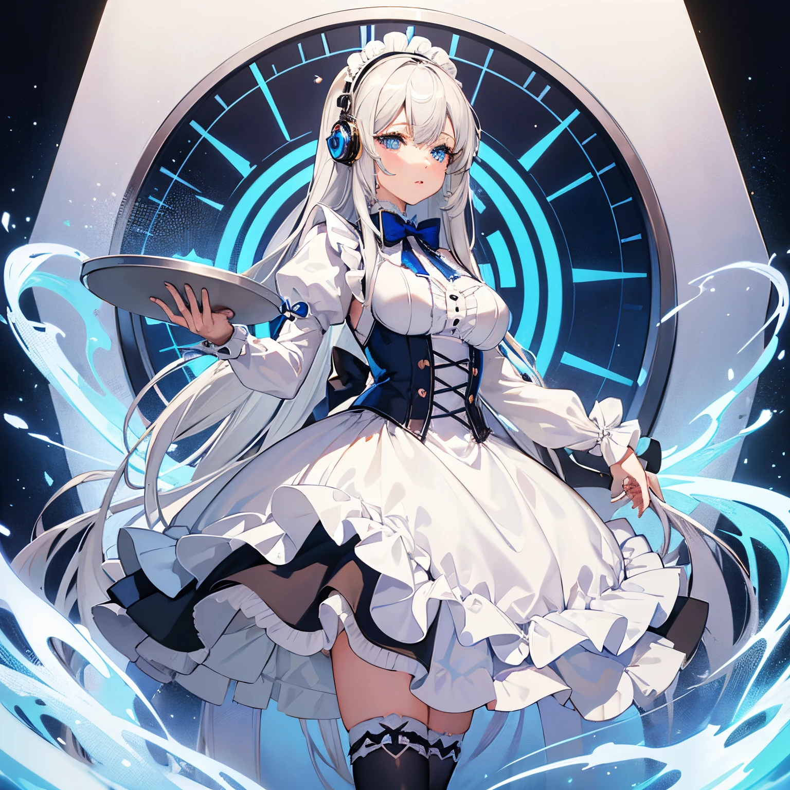 "anime girl, 1 person, silver-white hair mixed with blue, blue eyes, wearing headphones, maid outfit, lolita maid, big breasts, stockings, standing cross-legged, holding serving tray, serving , licking lips, side view, (full HD 4K+ image)"