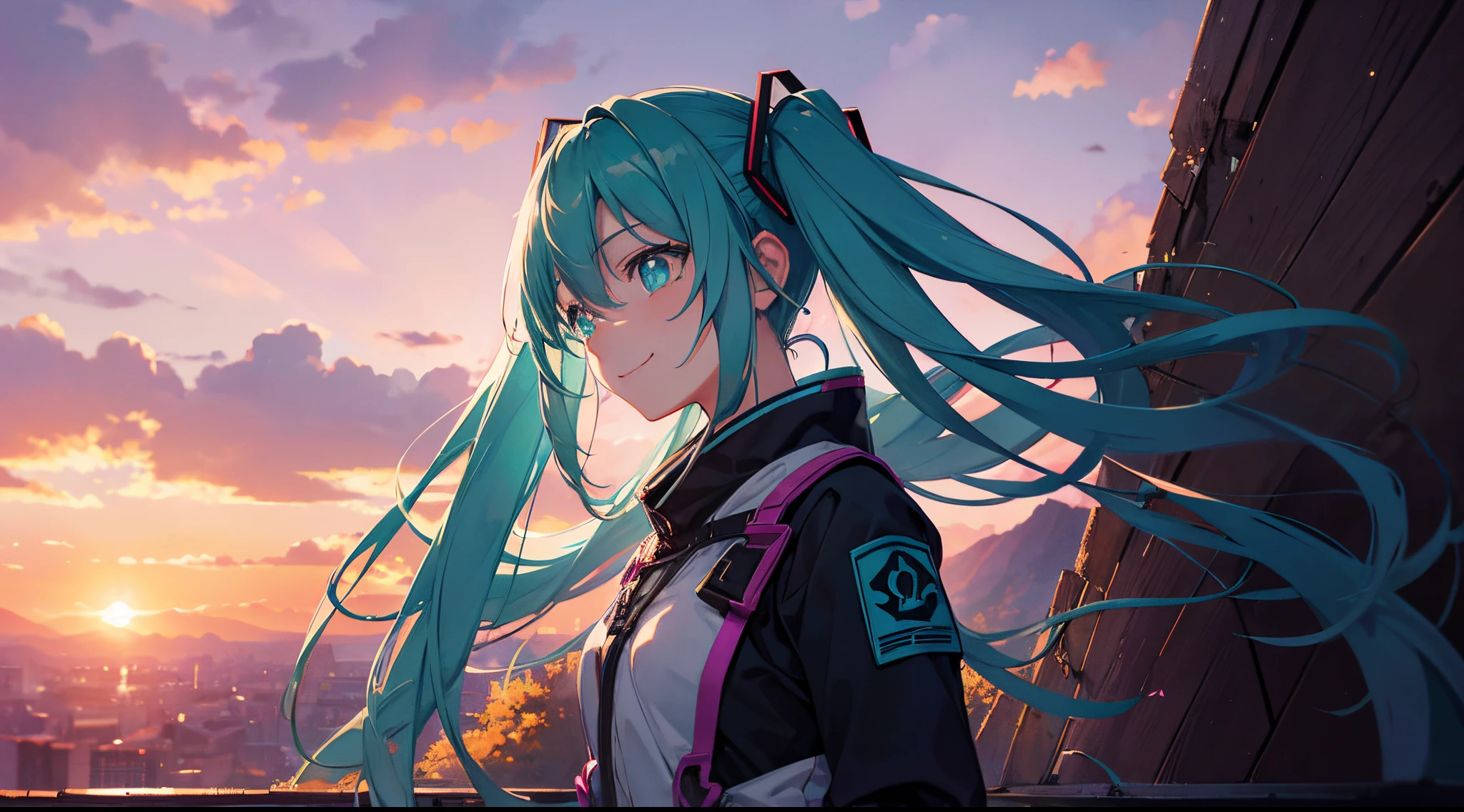 1 girl Hatsune Miku, ((detailing)) ,((The face is beautiful)), ((Cyan eyes)) stands on a hill and looks at the sunset with his back ,dressed in the uniform of a pioneer from the USSR ,her hands are folded behind her back as if she is waiting for something or someone ,the sky is purple pink and the sun is visible at sunset.She looks into the distance with a smile. Resolution 1920 by 1080 in 4k