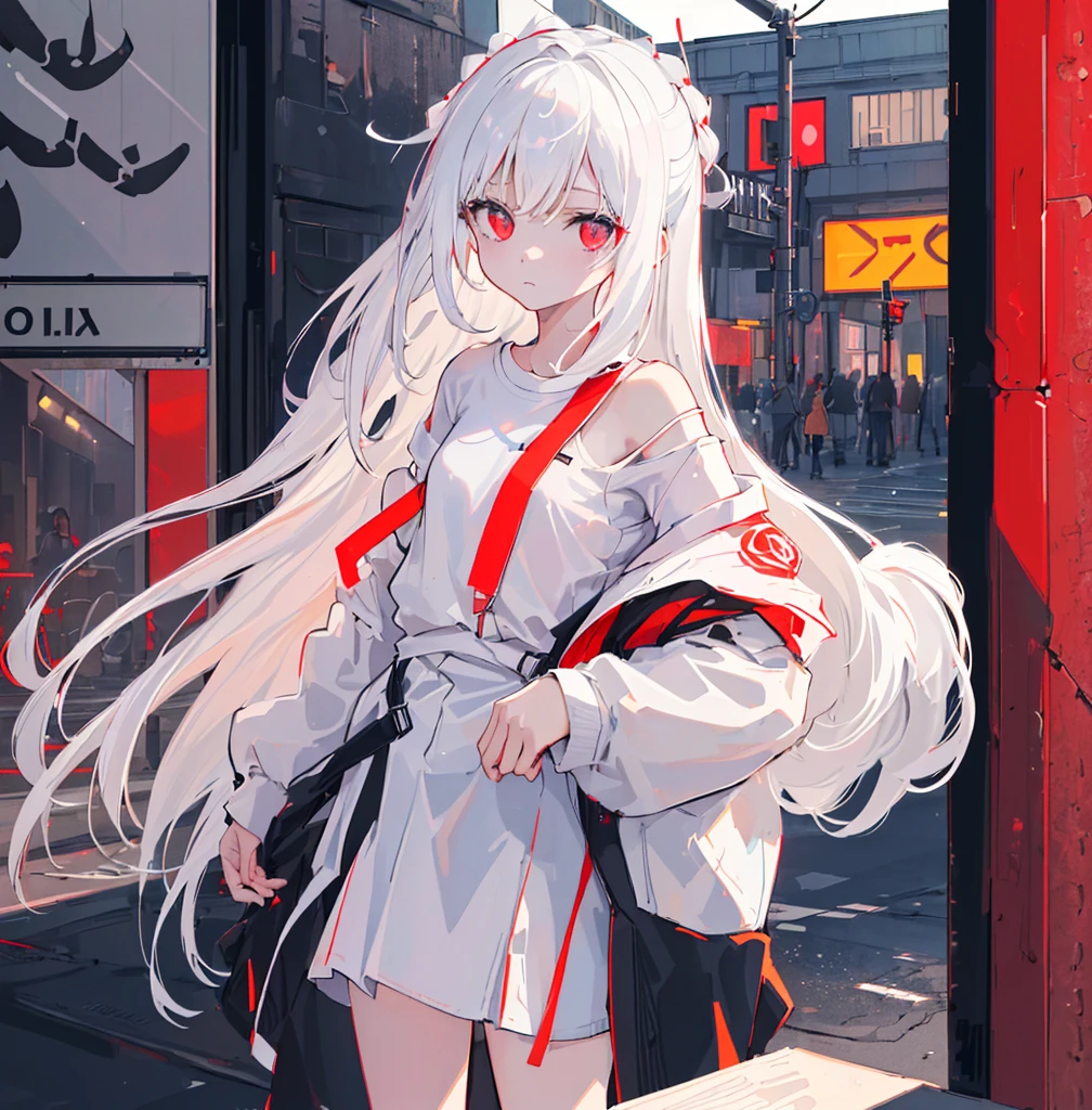 1girl, solo, loli, petite, (very_long_hair), (white_hair:1.2), plaits, (red_eyes), medium_breasts, (white_shirt:1.5), (windbreaker), (off_shoulder:1.2), (portrait), glowing_eyes, background_light, (paisagem urbana: 1.5), (saia plissada, )(neon_lights:1.2), (ciencia), cyberpunk, ((obra-prima)), (highres), (best_quality), (highly_detailed), (original),(Delicate background), (papel de parede 8K extremamente detalhado), cinematic lighthing, Volume Lighting, light particules, shaded_face, beautiful_detailed_eyes, depth_of_field, perspectiva,