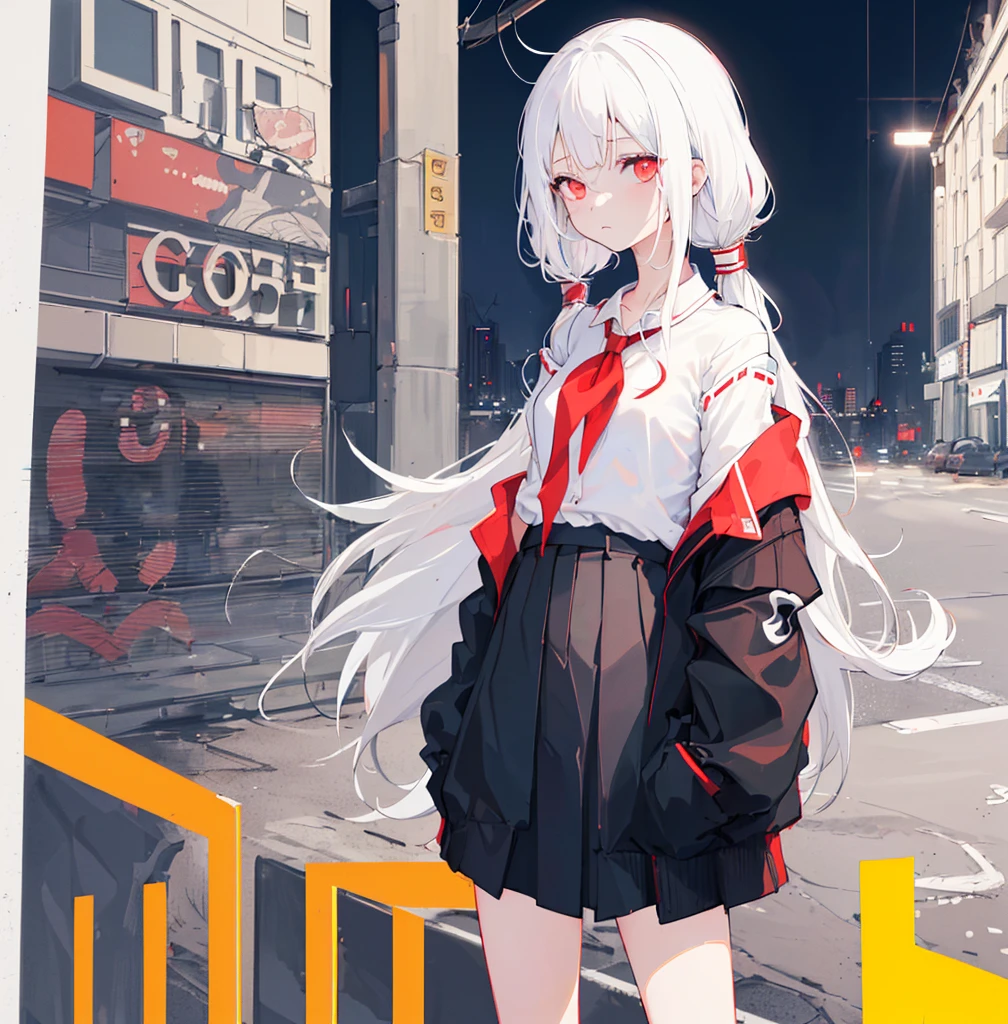 1girl, solo, loli, petite, (very_long_hair), (white_hair:1.2), plaits, (red_eyes), medium_breasts, (white_shirt:1.5), (windbreaker), (off_shoulder:1.2), (portrait), glowing_eyes, background_light, (paisagem urbana: 1.5), (saia plissada, )(neon_lights:1.2), (ciencia), cyberpunk, ((obra-prima)), (highres), (best_quality), (highly_detailed), (original),(Delicate background), (papel de parede 8K extremamente detalhado), cinematic lighthing, Volume Lighting, light particules, shaded_face, beautiful_detailed_eyes, depth_of_field, perspectiva,