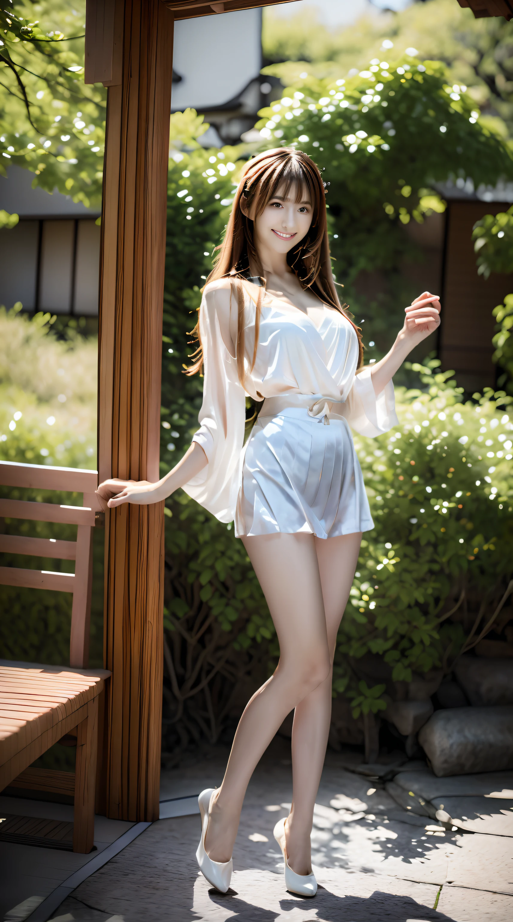 (Best Quality, masutepiece, Ultra HD: 1.3, High brightness, High color saturation), 1girl in, （middlebreasts）, light brown hair, Asymmetrical hair, straight haired, Long hair, （ slender body shape, Constricted waist）, （Ultra Fine Face）, Delicate lips, （beautidful eyes）, thin blush, eyes are brown, perfect glossy skin, View here, Smiling smile, （ hide one's hands）, （Sitting on a bench）, （thin and long legs, Thighs and toes:1.5), See-through white blouse, Tight skirt, （White pumps）, (a japanese girl, hposing Gravure Idol), Broad-leaved forest, 135 mm, Fuji Film