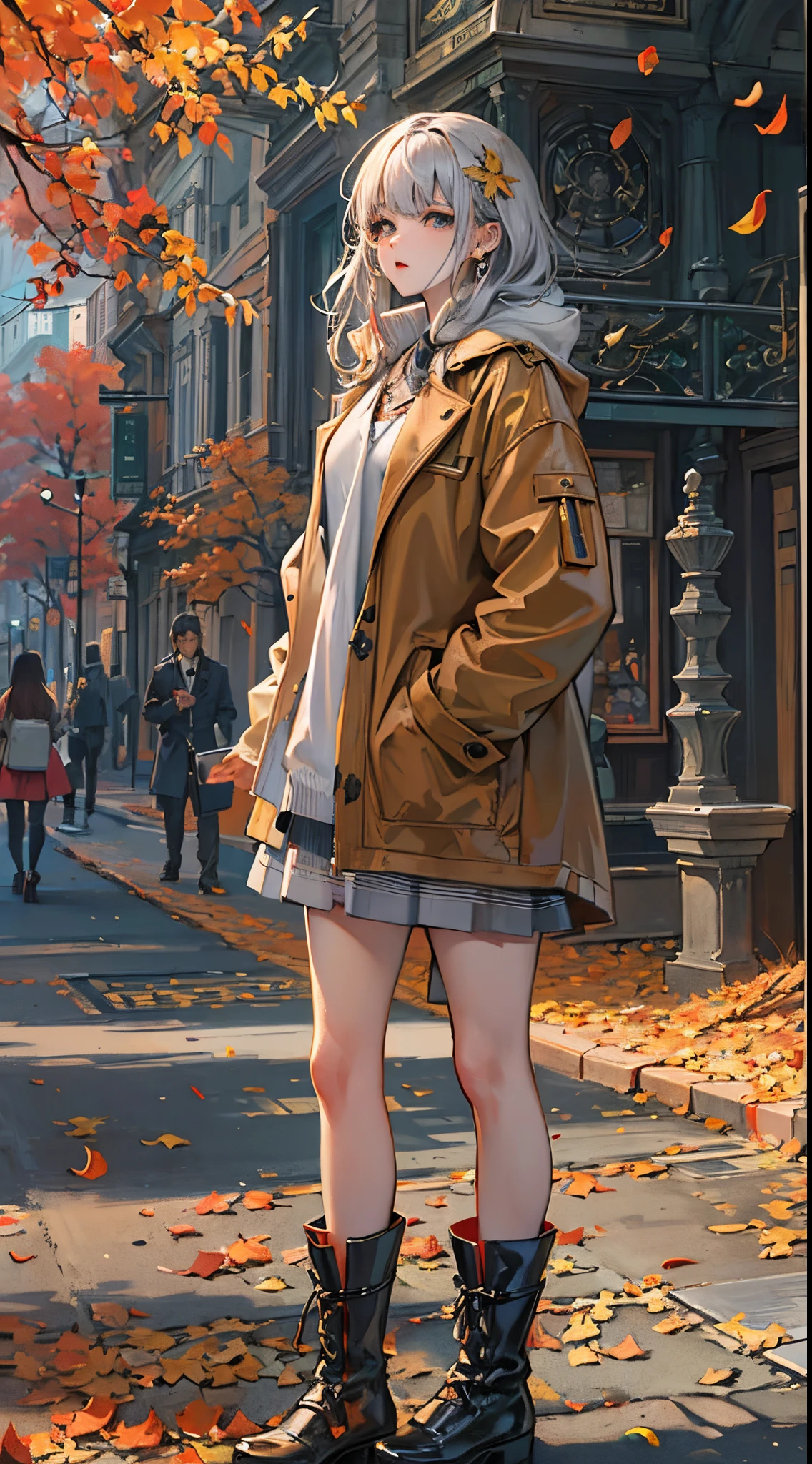 ((Finest quality)),(超A high resolution),(ultra-detailliert),(Meticulous portrayal),((Best Anime)),(Finest works of art),Ultra-Precision Art,The art of astounding depiction,Overwhelming descriptive art:1.5, (1人の女性:1.5),piercings,a necklace,long boots,coat, Standing on a street corner:1.6,Tree Dead,leaves falling,Colored leaves