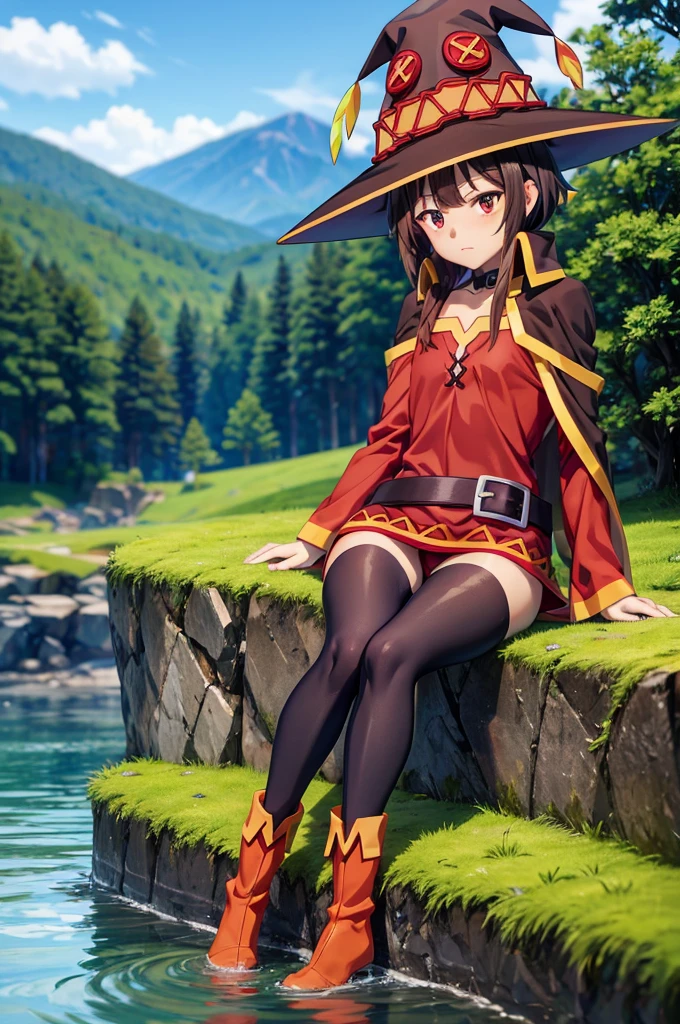 Perfect female shape, (1womanl), (Megumin), (Short-cut hair), Brown hair, Red eyes, (witch's hat:1.2), small chest, red robes, Blushing cheeks, Black T-line pants、Background in the forest、((Sit with your legs open))、 awardwinning photo、detaile、realistic light and shadow、8K分辨率、16k super high quality、、Professional Lighting, (glistning skin:0.9), Highly detailed facial and skin texture, perfect hand,