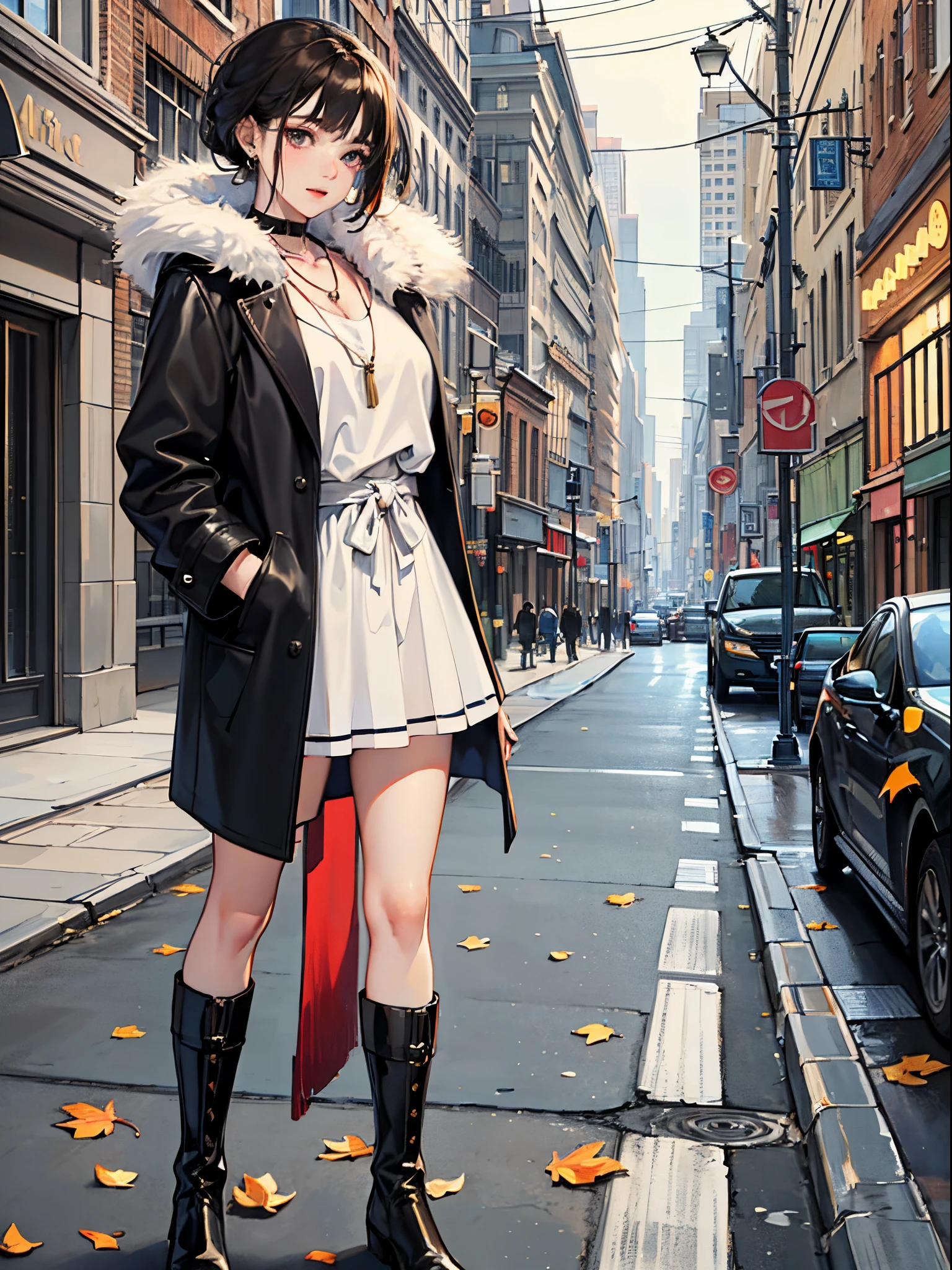 ((Finest quality)),(超A high resolution),(ultra-detailliert),(Meticulous portrayal),((Best Anime)),(Finest works of art),Ultra-Precision Art,The art of astounding depiction,Overwhelming descriptive art:1.5, (1人の女性:1.5),piercings,a necklace,long boots,coat, Standing on a street corner:1.6,Tree Dead,leaves falling,Colored leaves