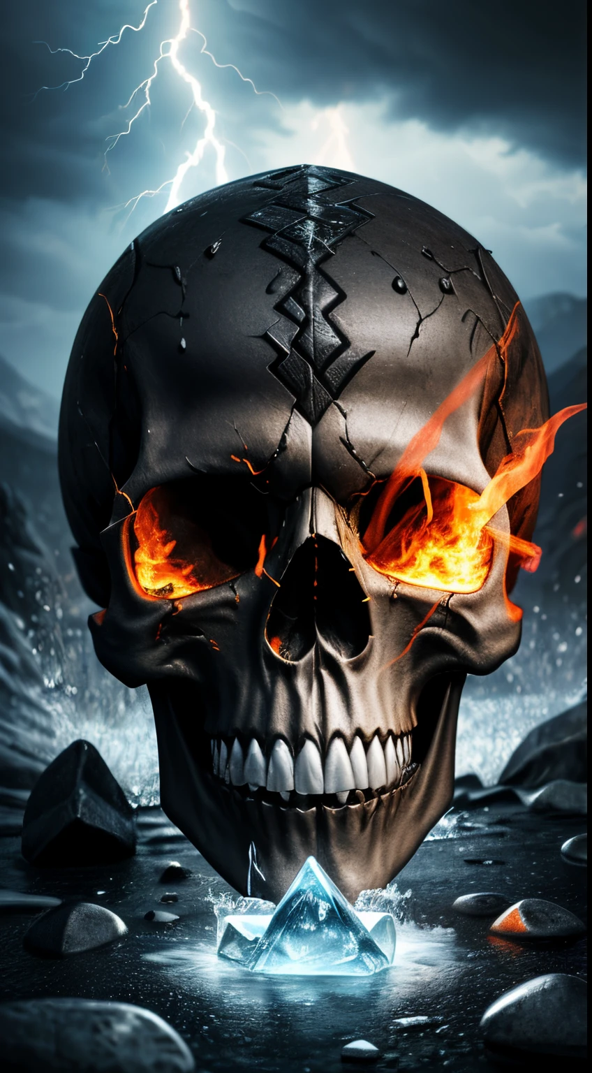 (best quality,highres,masterpiece:1.2),ultra-detailed,realistic:1.37,detailed skull with lightning and engulfed in flames, rain with ice stones in the background, guitar