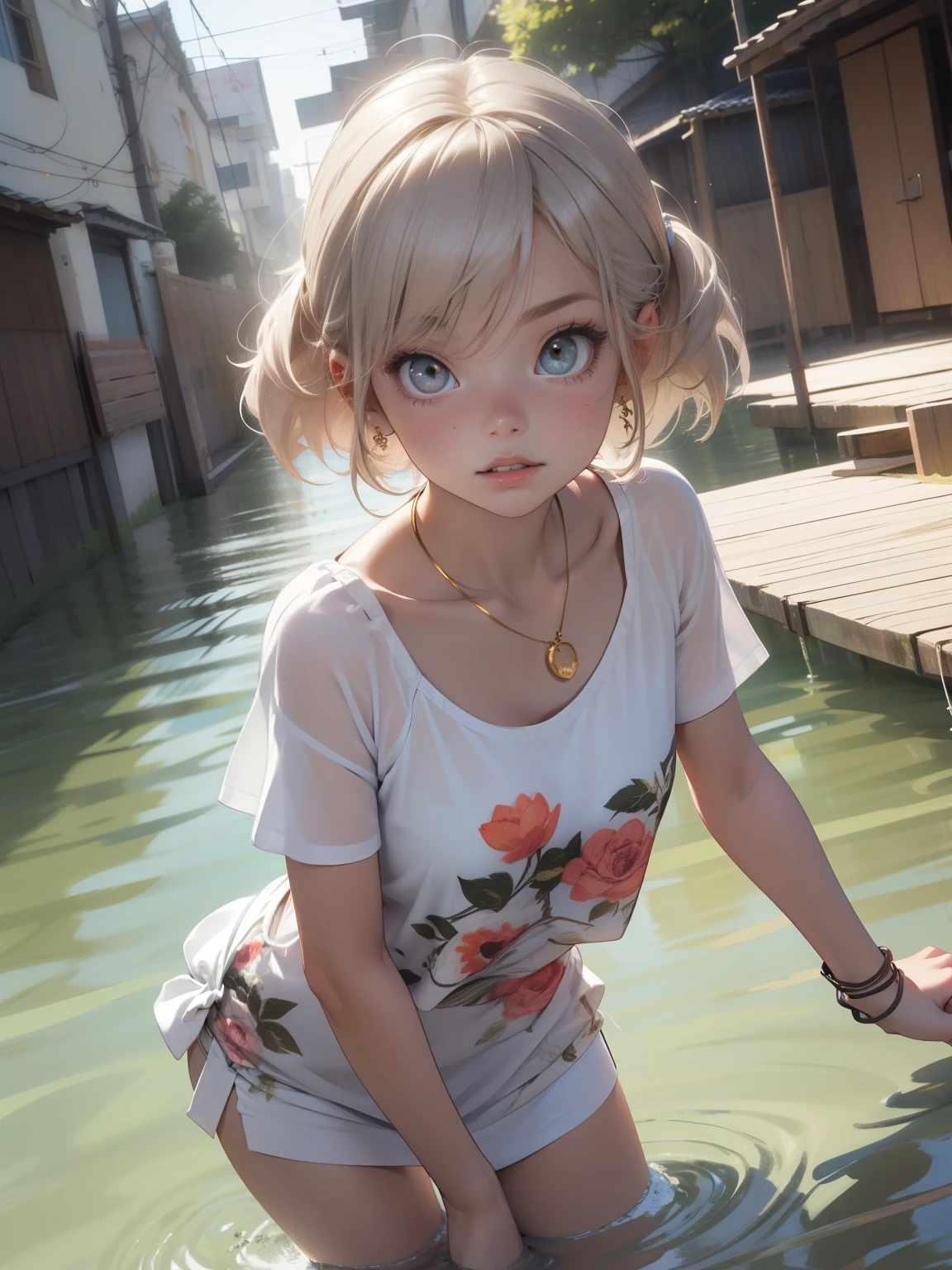 One woman, alone, alone Focus,全身Full Shot,Portraiture,, Beaver,Half water color, Half Green, ((Brown Hair)), (Yellow Hair), (Gradient Hair :1.5), Curly Hair, ((Pink Eyes)), Ultra-detailed eyes, work, White see-through, (Small TI quality, Very detailed,Full Shot,Stand upright in sandals,squat,Spread your legs,