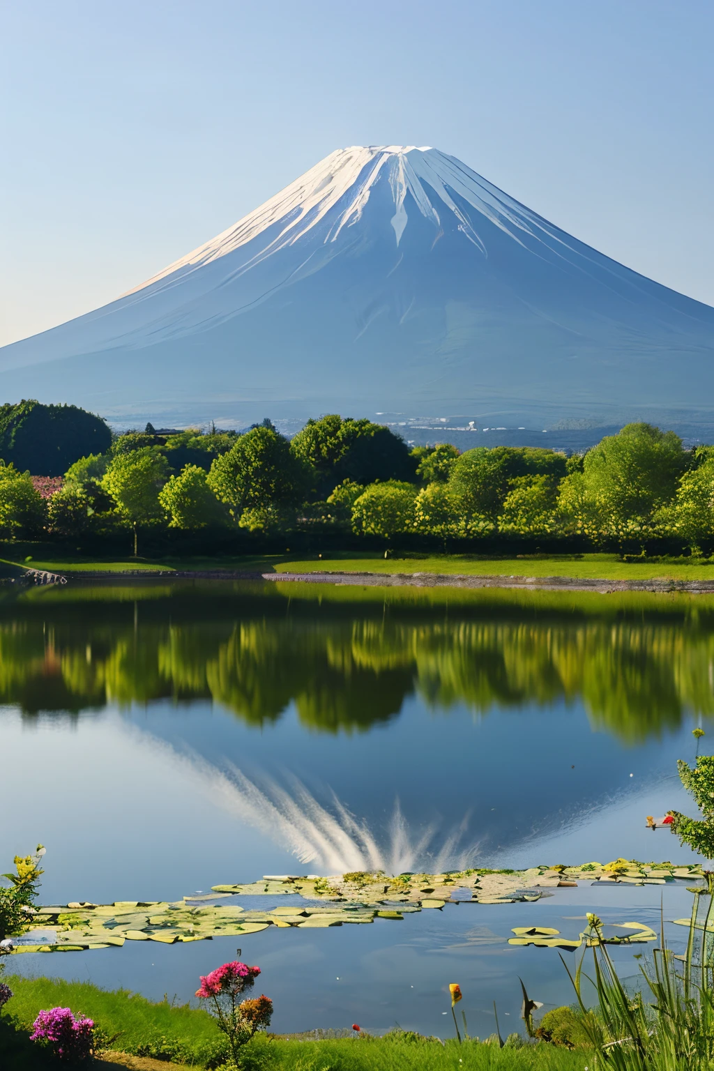 There is Mt. Fuji in the back、There is a pond in front、hightquality