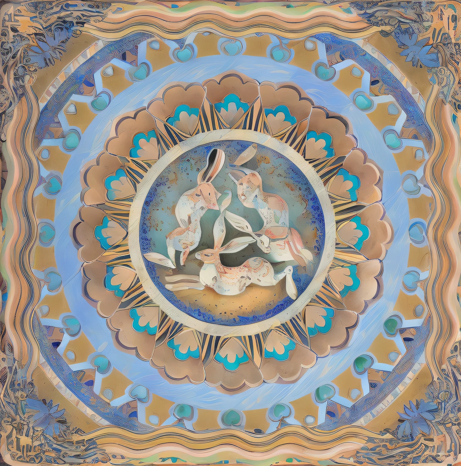 Three rabbits share ears, Dunhuang art style, a rabbit dancing,A rabbit plays the pipa,A rabbit plays the flute,Flying,Fairy Rabbit, classical,Dunhuang color scheme,White rabbit hair,Exquisite streamers,Flying above the nebula,Beautiful patterns,