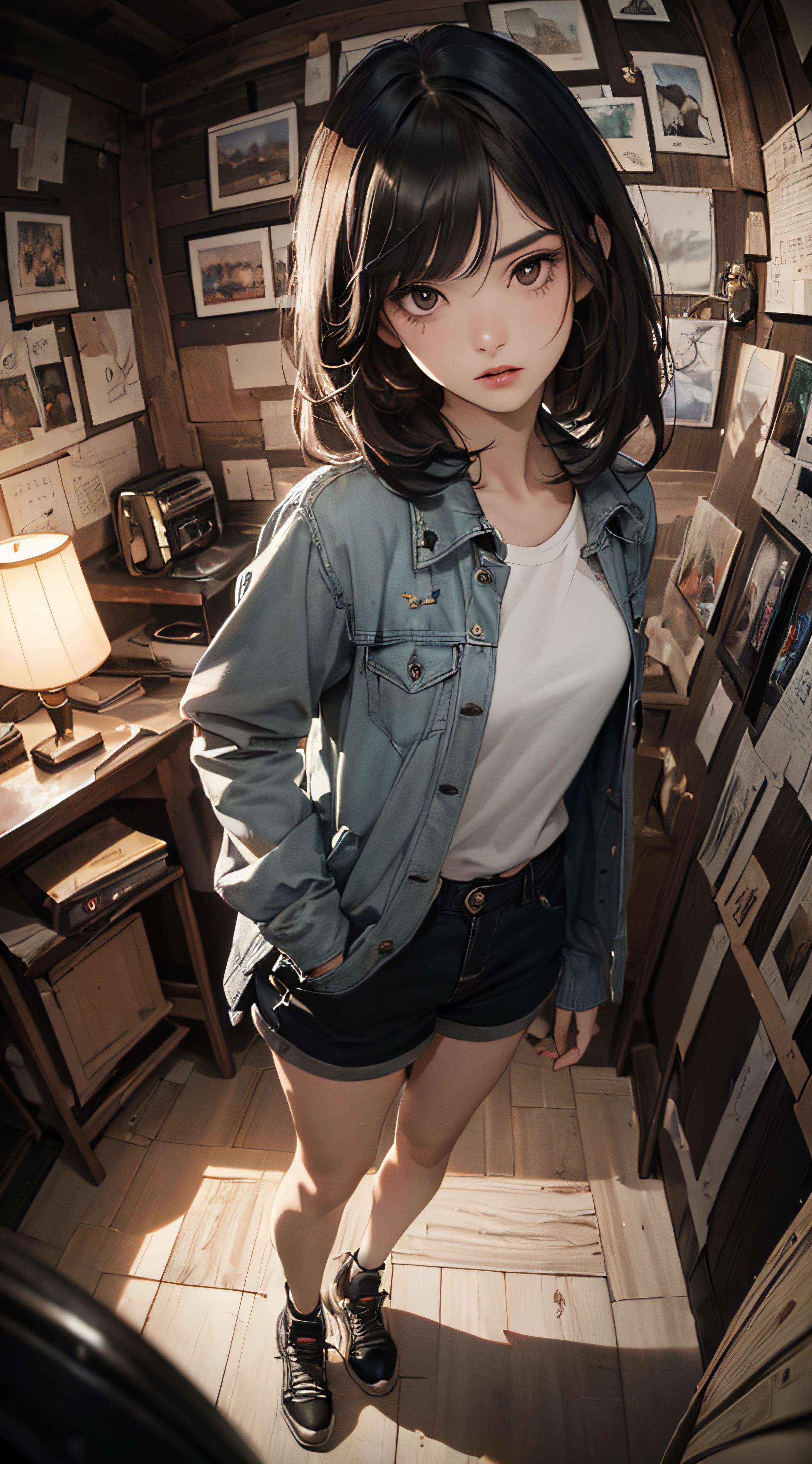 (((8k wallpaper of extremely detailed CG unit:1.2, masterpiece, hight resolution:1.2, top-quality:1.2, masutepiece))), ((a very beautiful woman, Hands in pockets:1.8, Grunge Fashion, Wearing a blouson, Wearing shoes)), ((extra detailed face, Highly detailed black eyes, extra detailed body, Top quality real texture skins)), (A dark-haired, length hair, de pele branca, Small:1.2), ((surrounded by colorful walls)), (high-angle:1.2, Fisheye:1.3), hyper realisitic, digitial painting,