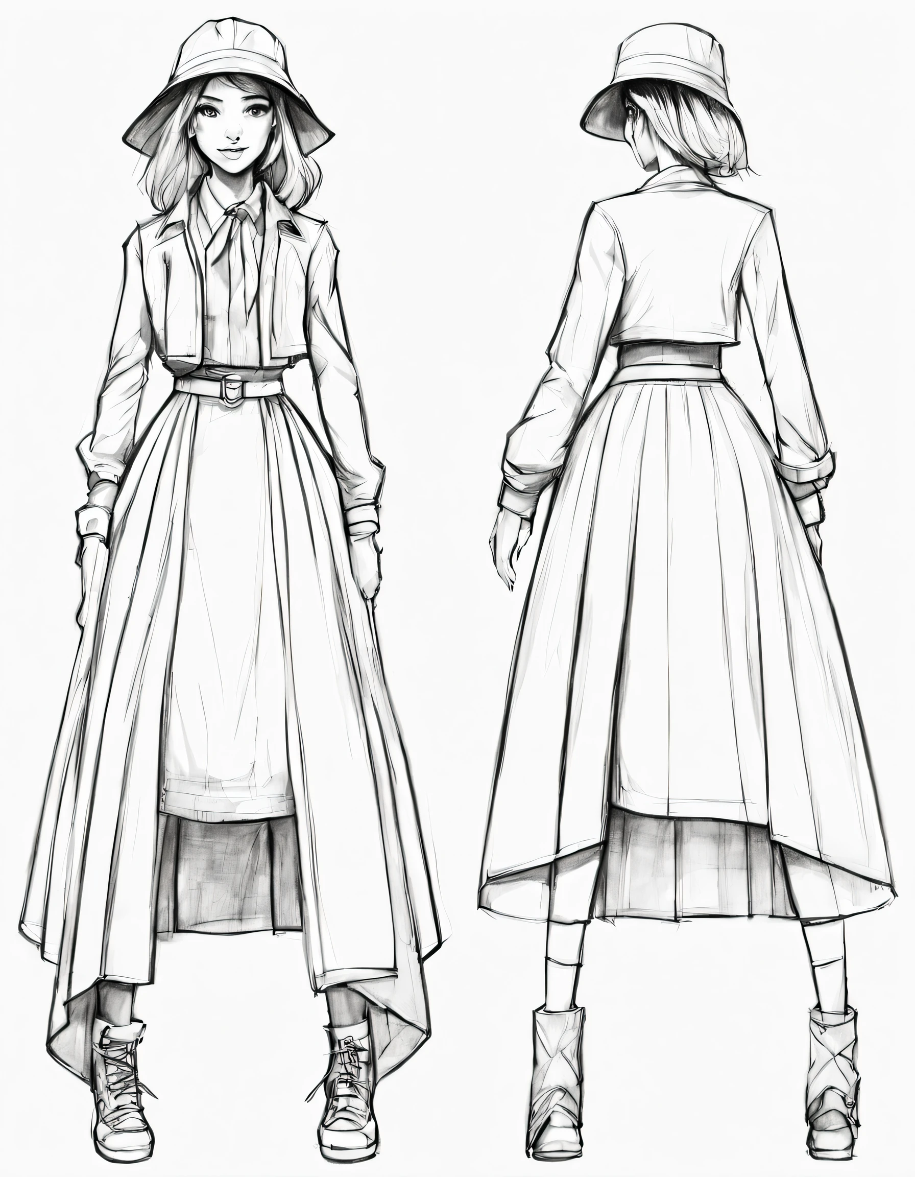 character concept design, line art,clothing design sketch,Skirt high quality illustration,meticuloso,pencil drawing,pen painting,
