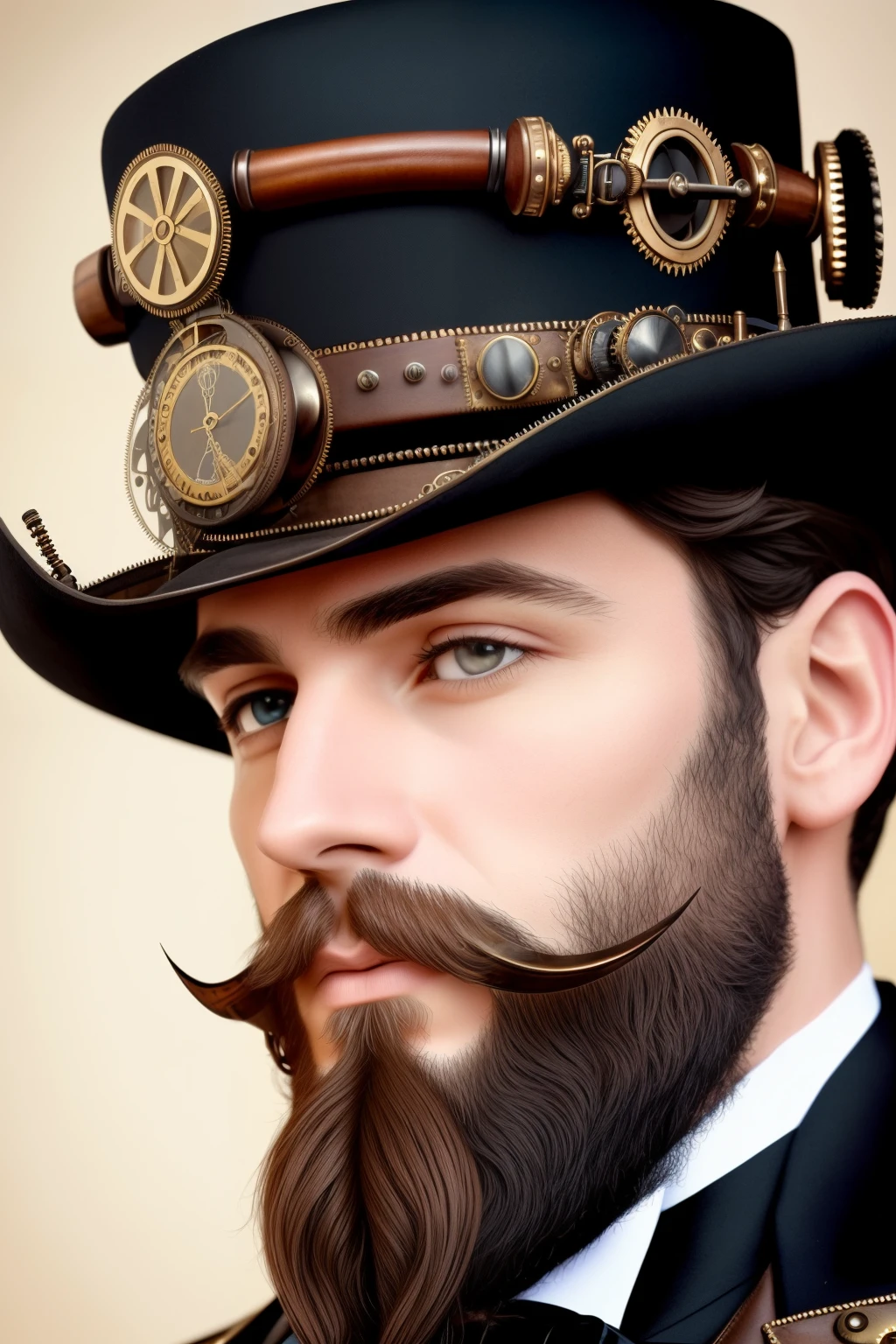 close up, gentelman in the hat with beard, victorian era, ((steampunk)), cinematography, crafted, elegant, meticulous, magnificent, maximum details, extremely hyper aesthetic, intricately detailed