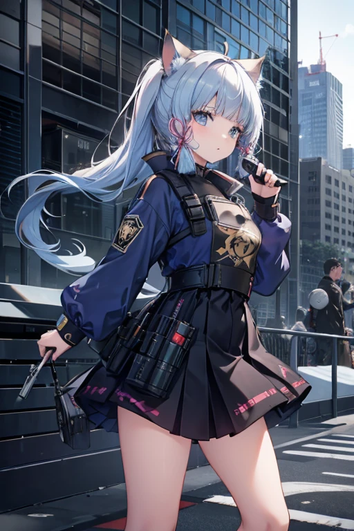 One wears JK,Girl with cat ears holds a Glock pistol with a silencer,Surrounded by high-rise buildings and huge crowds of people。
