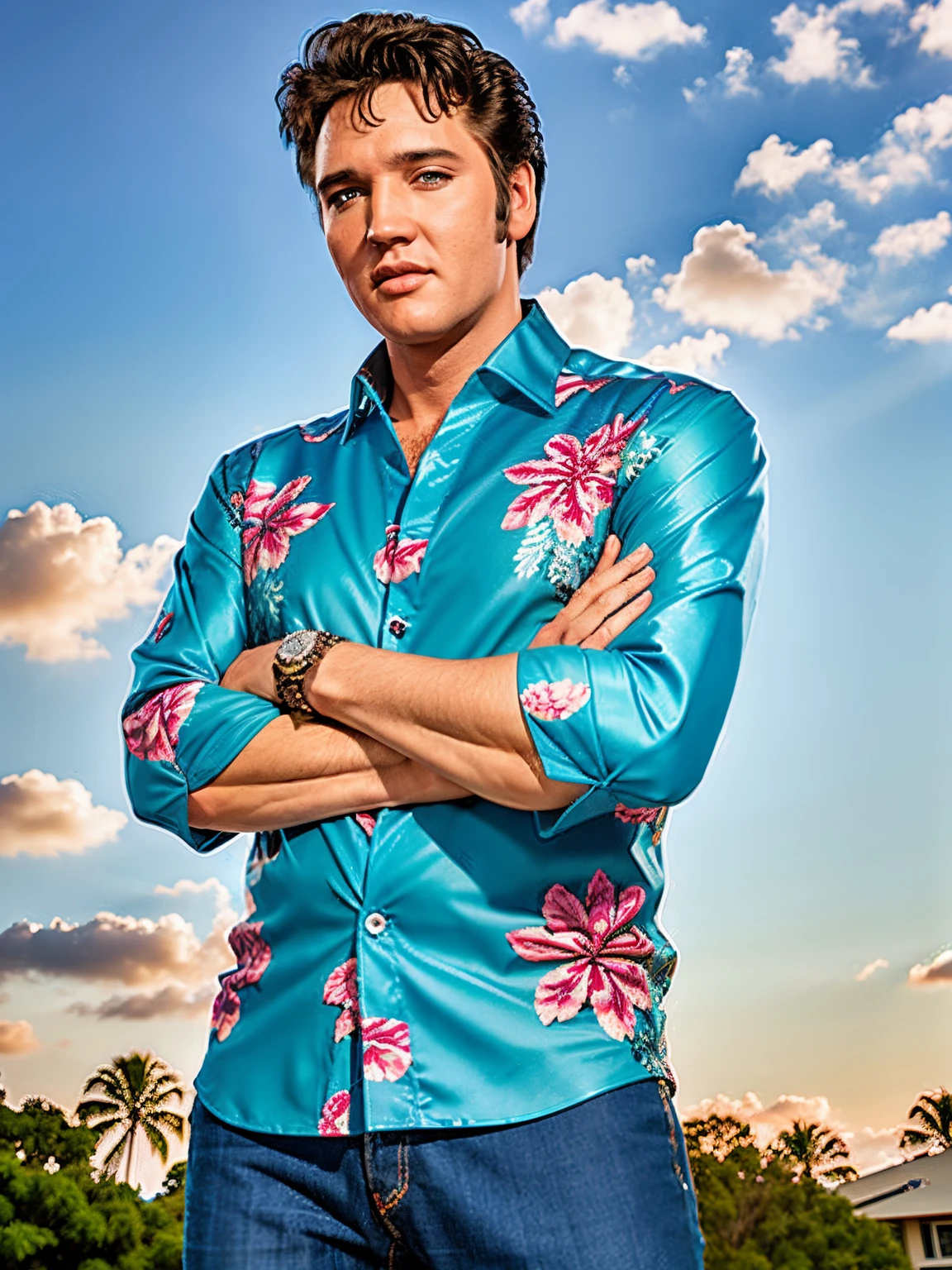 eptheking fullbody photo of elvis presley man wearing blue aloha shirt, standing with his arms crossed, sky in the background, professional photography, digital photography, high quality, high resolution, intricate details, very sharp, detailed face, detailed skin, nice bokeh