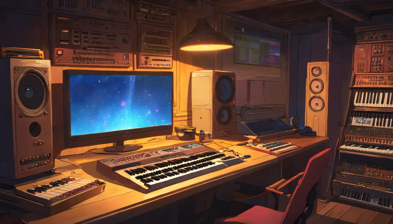 Music studio, dark chamber, the night, Computer, keyboards, Earphone, Monitor the speaker, Small lights, A high resolution, Super sharp, 8K, tmasterpiece