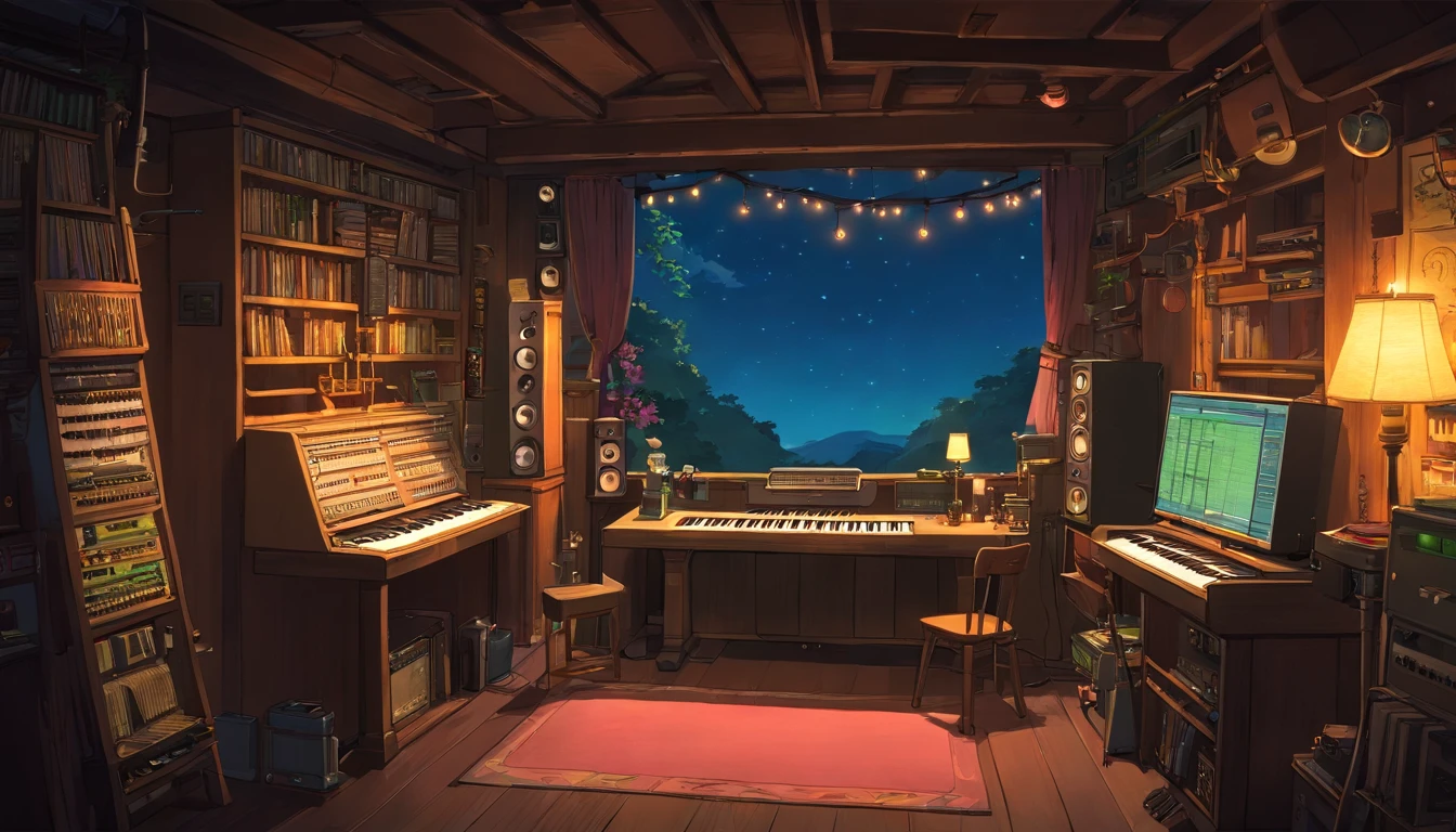Music studio, dark chamber, the night, Computer, keyboards, Earphone, Monitor the speaker, Small lights, A high resolution, Super sharp, 8K, tmasterpiece