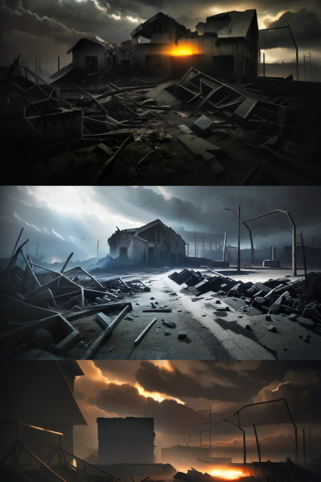 (best quality,4k,8k,highres,masterpiece:1.2),ultra-detailed,realistic:1.37,landscape,nature,abandoned ruins,dark atmosphere,deteriorating structures,collapsed buildings,forgotten beauty,dusty environment,overgrown vegetation,mysterious aura,sunlight piercing through cracks in walls,shadows playing on rubble,twisted metal,crumbling concrete,decaying textures,ominous clouds,desolate scenery,post-apocalyptic vibes,vivid colors,subtle color grading,dramatic lighting,morning glow,hauntingly beautiful,contrast of light and darkness,visual storytelling.