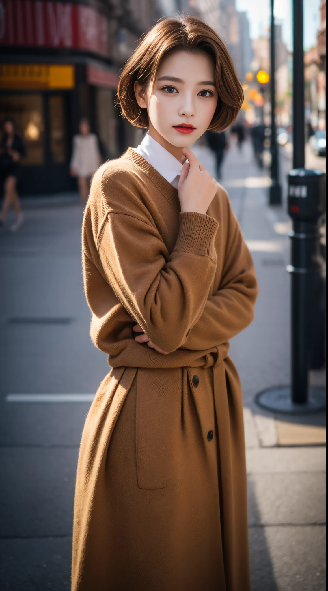masterpiece, top-quality, Raw foto, Photorealsitic、full body Esbian、 One Beautiful Girl, cute little, light brown shorthair, waved hair、depth of fields, hight resolution, ultra-detailliert, finely detail, ighly detailed, extremely detailed eye and face, Sharp pupils, Realistic pupils, foco nítido, Cinematic lighting、tiny chest、In the street、Fashionable autumn clothes
