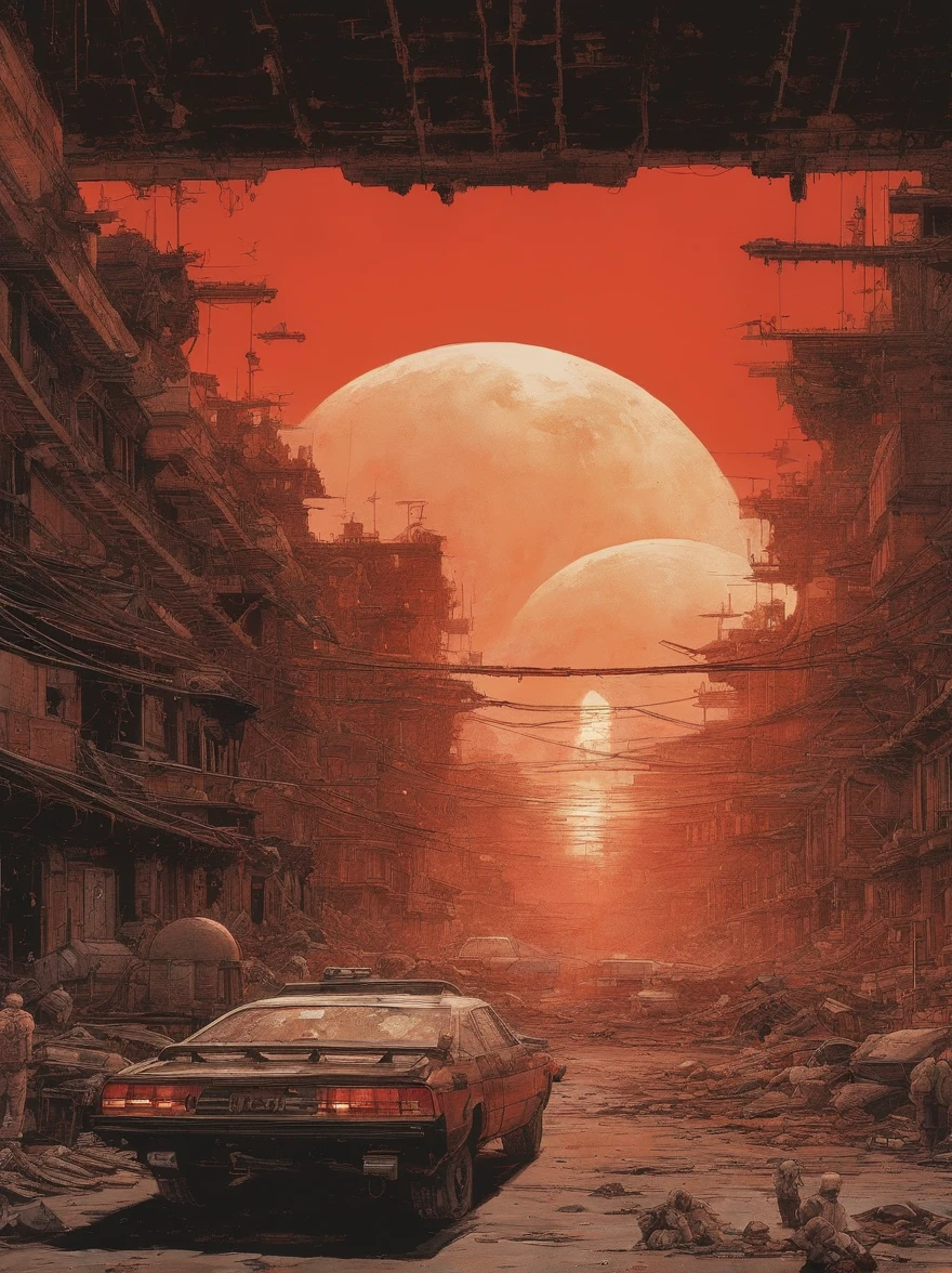spaceships、Katsuhiro Otomo's painting style、Desolated star、Red burnt sky、Destroyed buildings