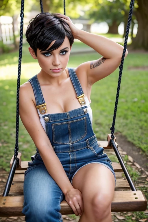 Petite 30 year old stripper with golden black hair in a short undercut pixie style with fringe completely covering one eye and striking blue eyes wearing eye liner, pink lips, wearing a dungaree, detailed face, sitting on a swing outside