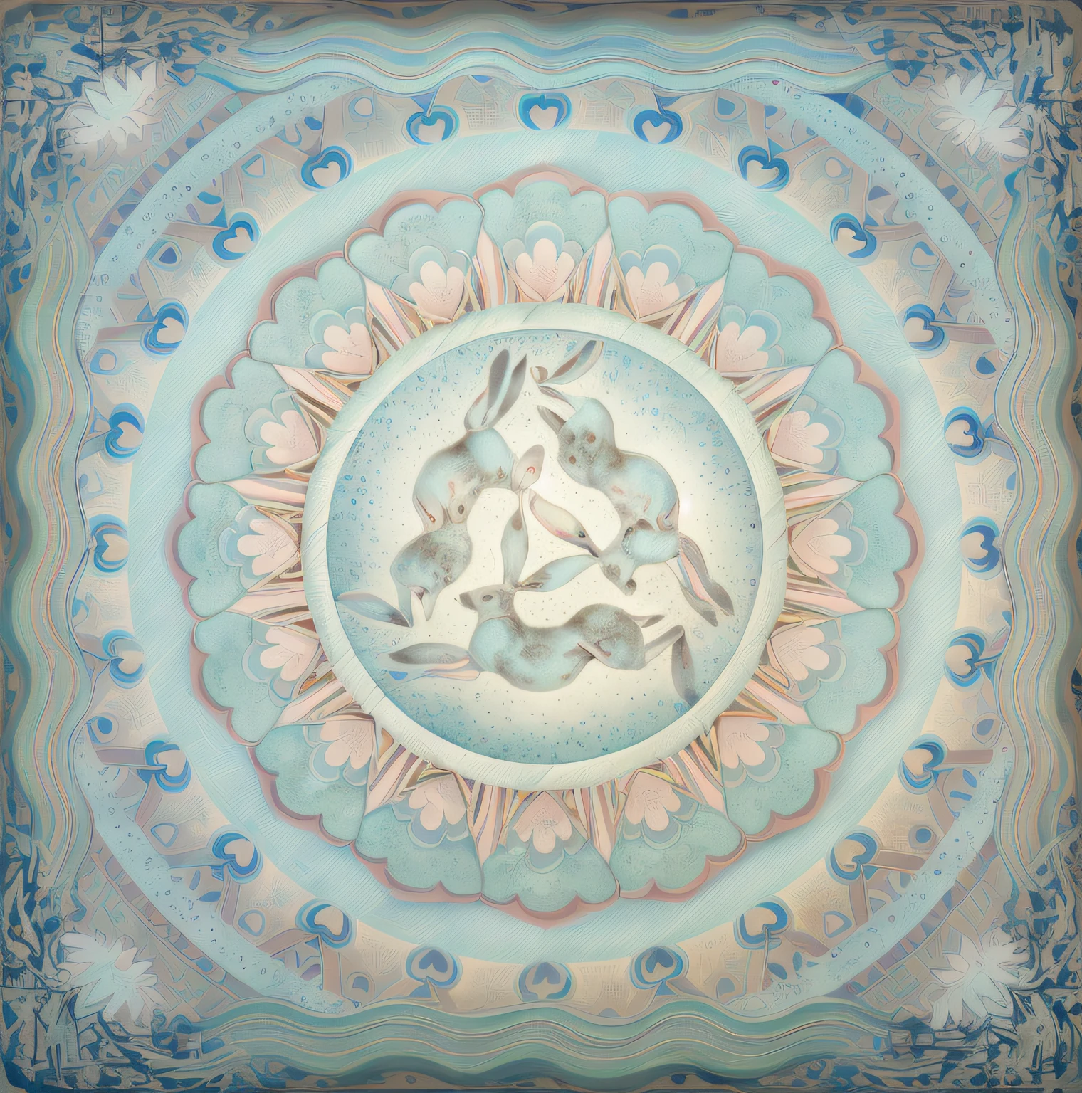 Three rabbits share ears, Dunhuang art style, Flying,Fairy Rabbit, classical,Dunhuang color,White rabbit hair,Exquisite streamers,Flying above the nebula,Beautiful patterns,