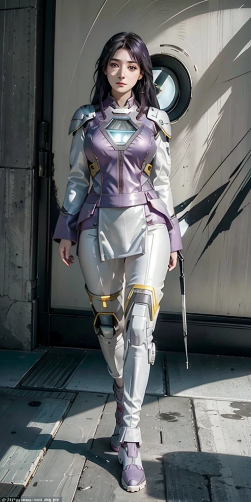 RAW, masterpiece, ultra fine photography,, best quality, ultra high definition, photorealistic, sunlight, full body portrait, stunningly beautiful, combat pose, delicate face, brilliant eyes, (front view,full body), she wears futuristic Iron Man mech, blue and yellow and green color scheme, (Iron Man destroyed on the floor), detailed face, detailed and complex busy background, messy and gorgeous, rich plump breasts, High Detail Skin, Realistic Skin Details, Visible Pore, Sharp Focus, Volumetric Fog, 8K UHD, DSLR Camera, High Quality, Film Grain, Fair Skin, Photorealism, Lomography, View from Below, Translucent,purple hair with bang,