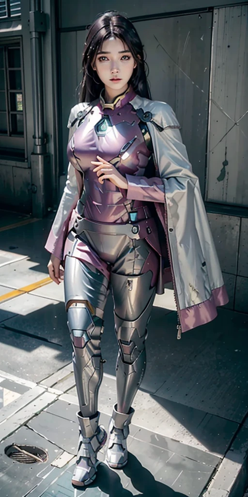 RAW, masterpiece, ultra fine photography,, best quality, ultra high definition, photorealistic, sunlight, full body portrait, stunningly beautiful, combat pose, delicate face, brilliant eyes, (front view,full body), she wears futuristic Iron Man mech, blue and yellow and green color scheme, (Iron Man destroyed on the floor), detailed face, detailed and complex busy background, messy and gorgeous, rich plump breasts, High Detail Skin, Realistic Skin Details, Visible Pore, Sharp Focus, Volumetric Fog, 8K UHD, DSLR Camera, High Quality, Film Grain, Fair Skin, Photorealism, Lomography, View from Below, Translucent,purple hair with bang,