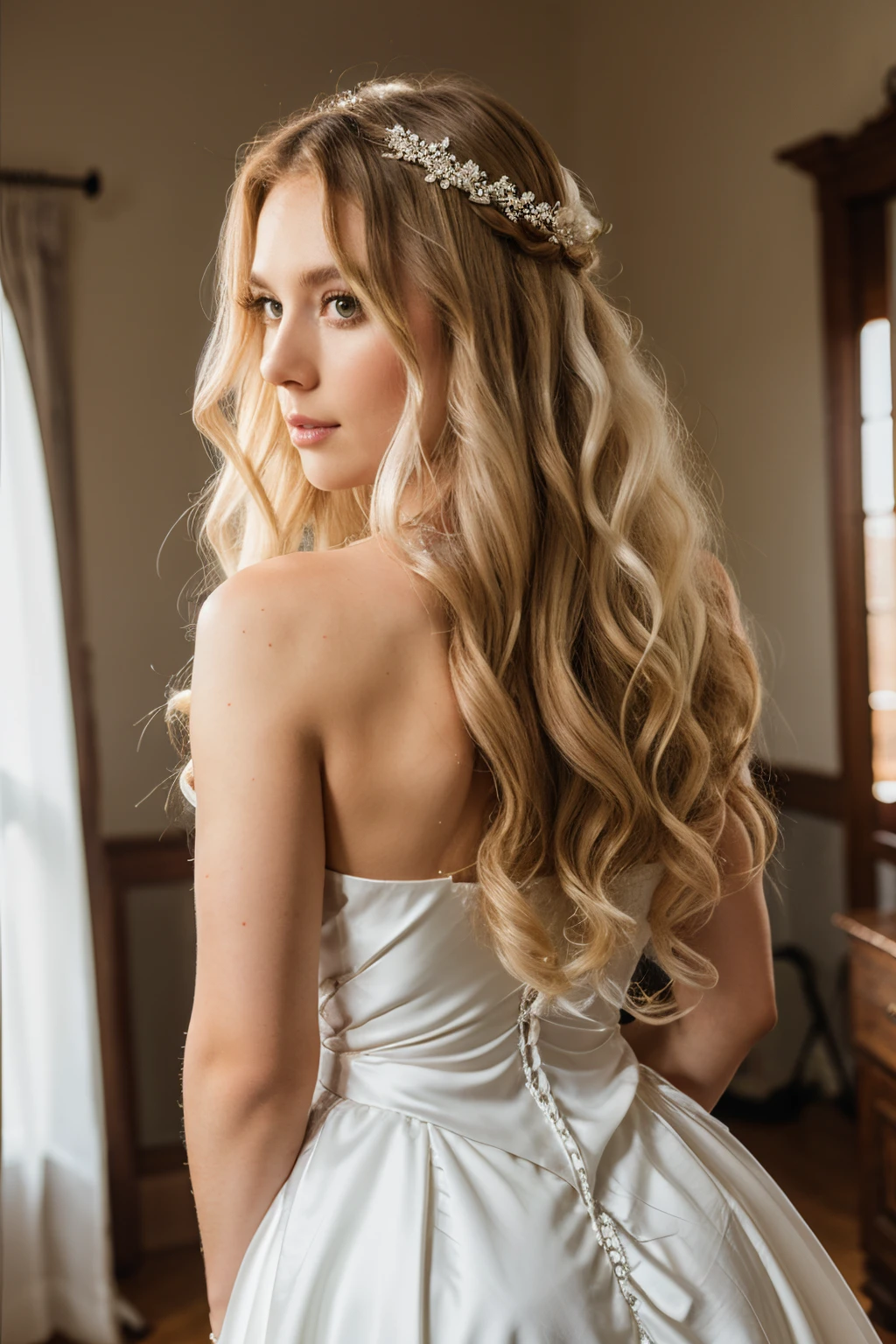 highlighting long white curly hair model standing back wearing wedding dress.