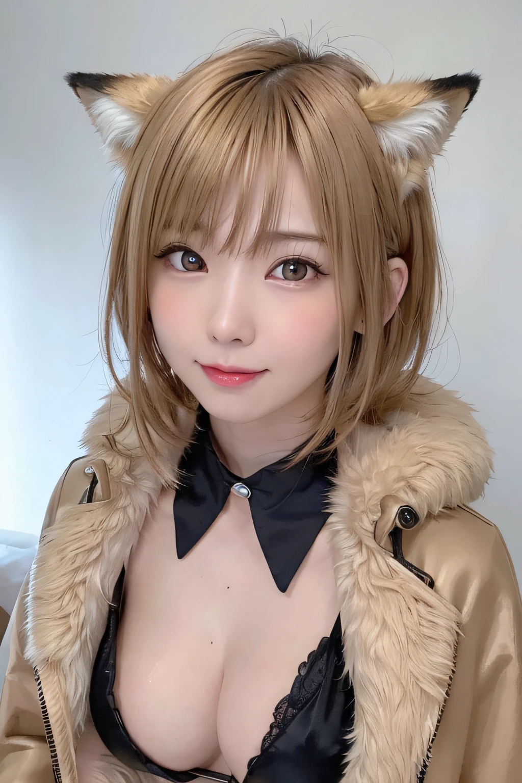 ((top-quality、Top image quality、超A high resolution))、(Photorealsitic), (Realistic), (Ultra high definition), masutepiece, Best Quality, Raw photography, Hyper realistic, Ultra High Resolution, Ray tracing, ((1 Japanese woman wearing a fox costume)), Smile, ((blonde berry short cut hair)), Closed mouth, Beautiful face, sexy body type, high-definition fingers,Idle face、 High Definition Face, high definition eyes, Woman wearing a brown fur coat and taking a photo,(Slimed、small tit、flat boobs、small tit,flat chest),14-year-old girl、Lori elementary school face、((((No background)))) , star shaped silver choker、