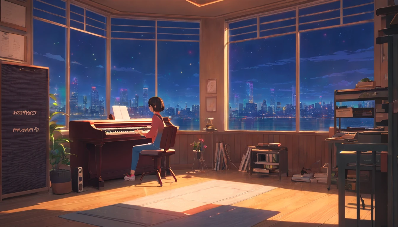 Music studio, floor to ceiling window，Bedrooms, the night, Computer, pianos，keyboards, Earphone, Monitor the speaker, Small lights, A high resolution, Super sharp, 8K, tmasterpiece